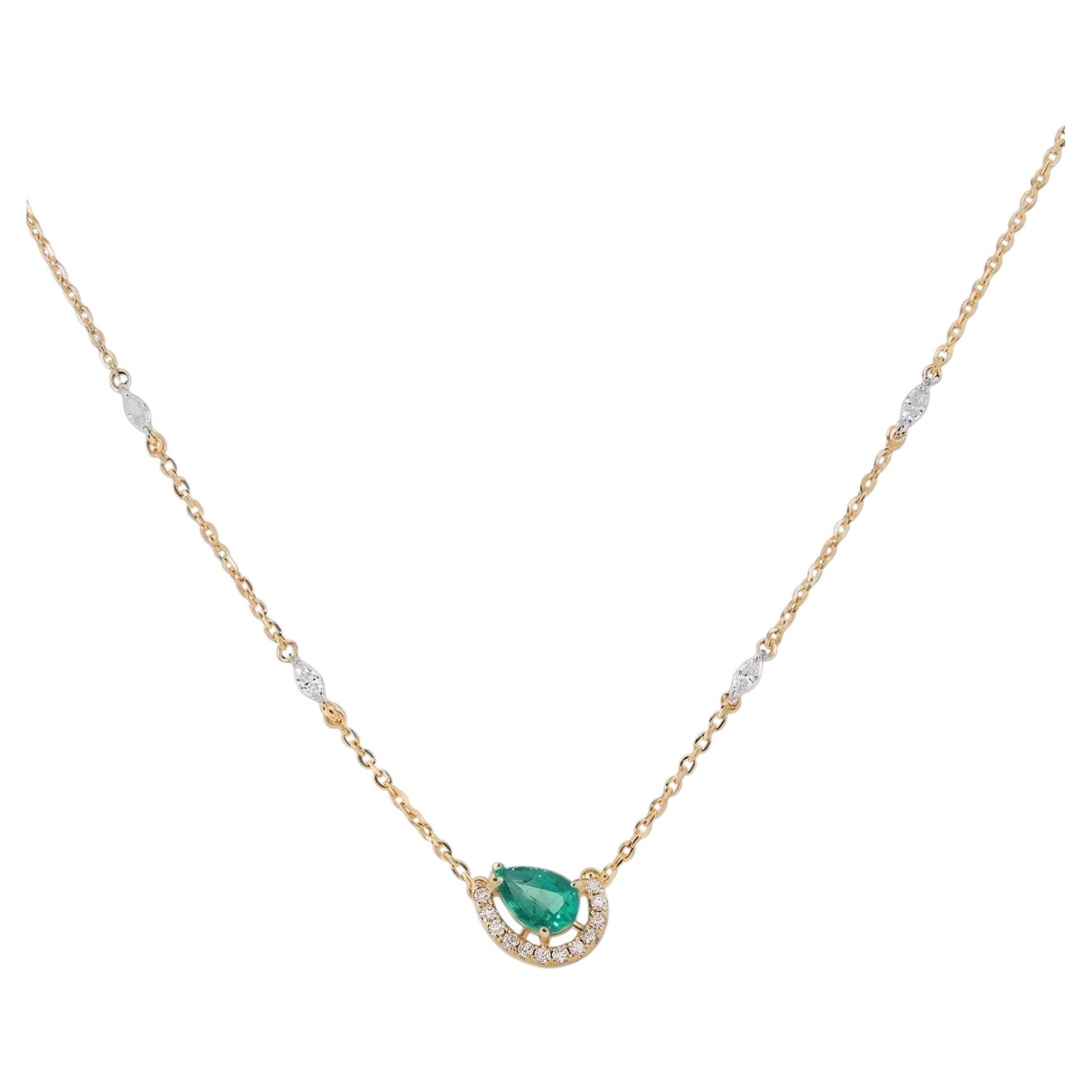 Pear Emerald Natural Diamond Crescent Necklace in 14K Solid Gold (Certified)