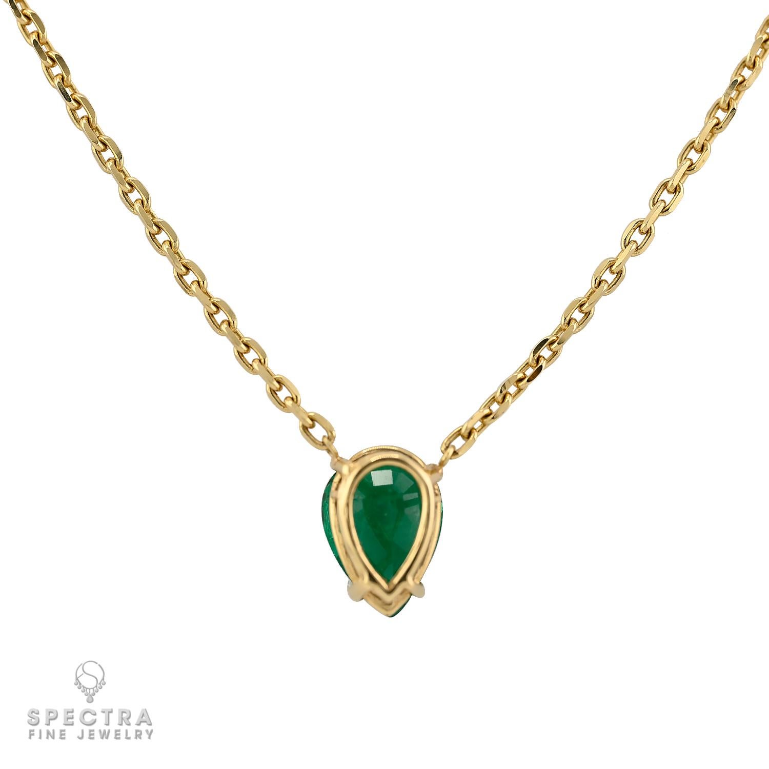 Contemporary Pear Emerald Pendant Chain Necklace in 14k Yellow Gold For Sale