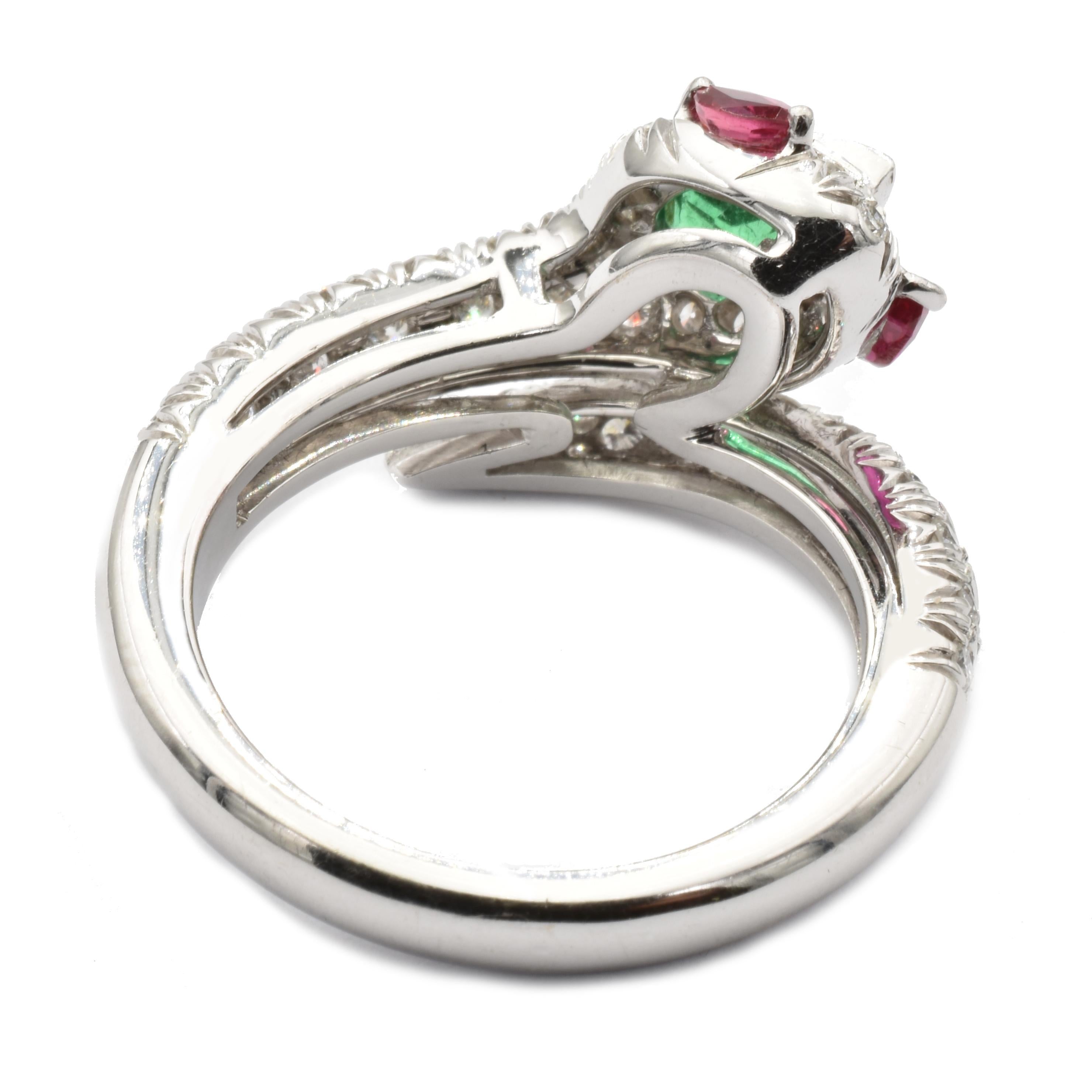 Contemporary Pear Emerald, Rubies and Diamonds White Gold Snake Ring Made in Italy For Sale