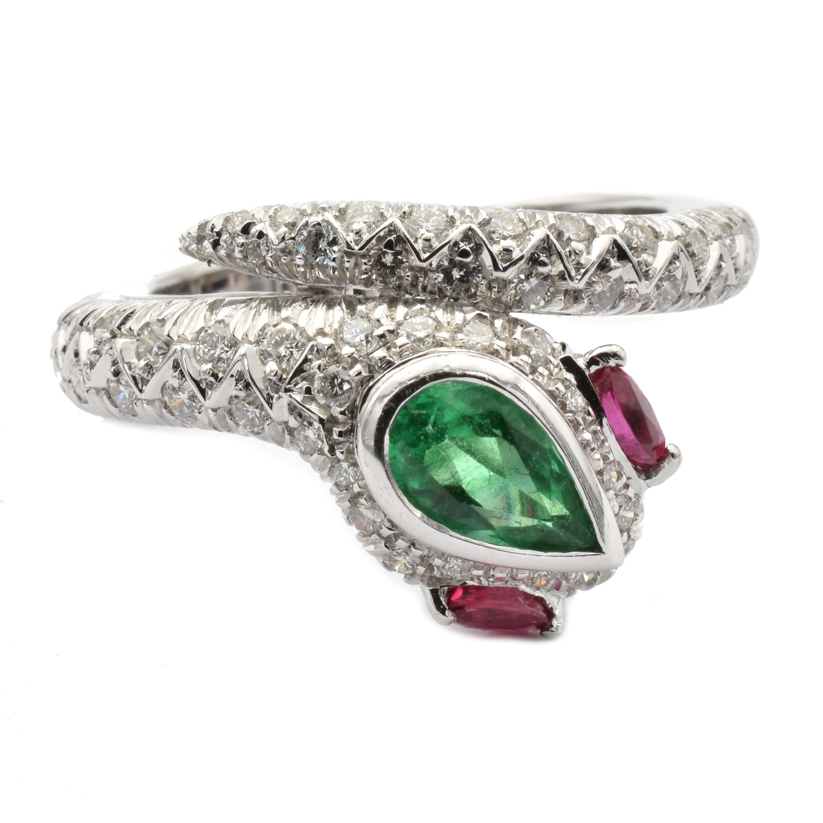 Pear Cut Pear Emerald, Rubies and Diamonds White Gold Snake Ring Made in Italy For Sale