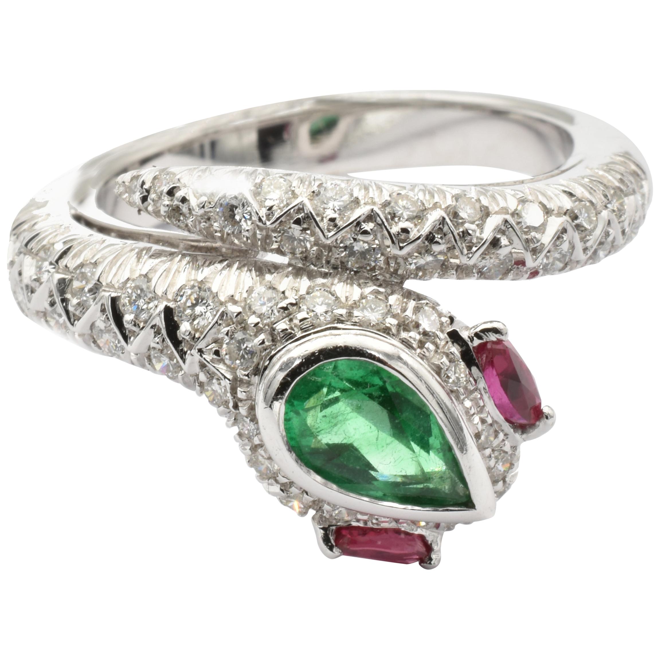 Pear Emerald, Rubies and Diamonds White Gold Snake Ring Made in Italy For Sale