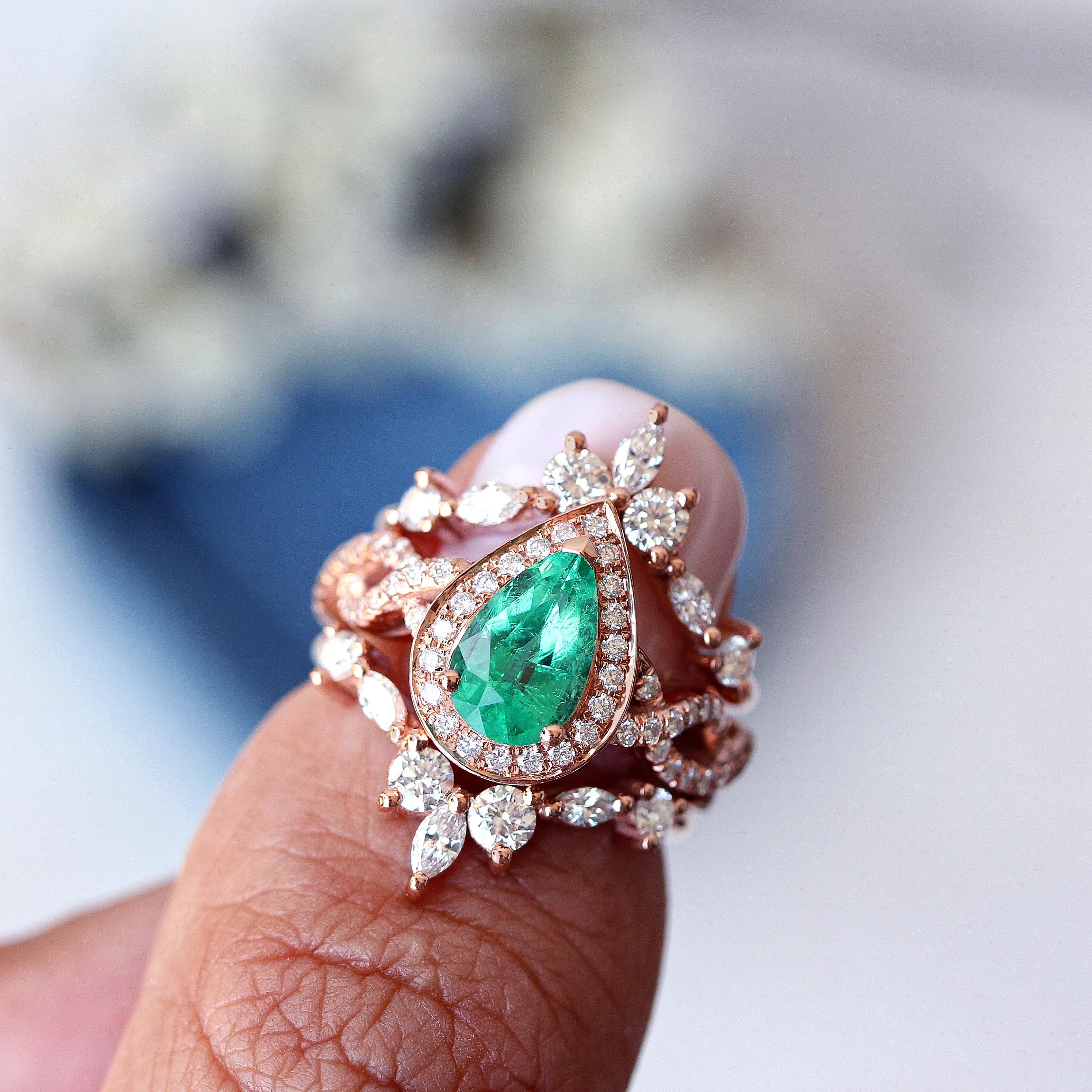 Pear Cut Pear Emerald with halo twist infinity shank wedding ring set - 
