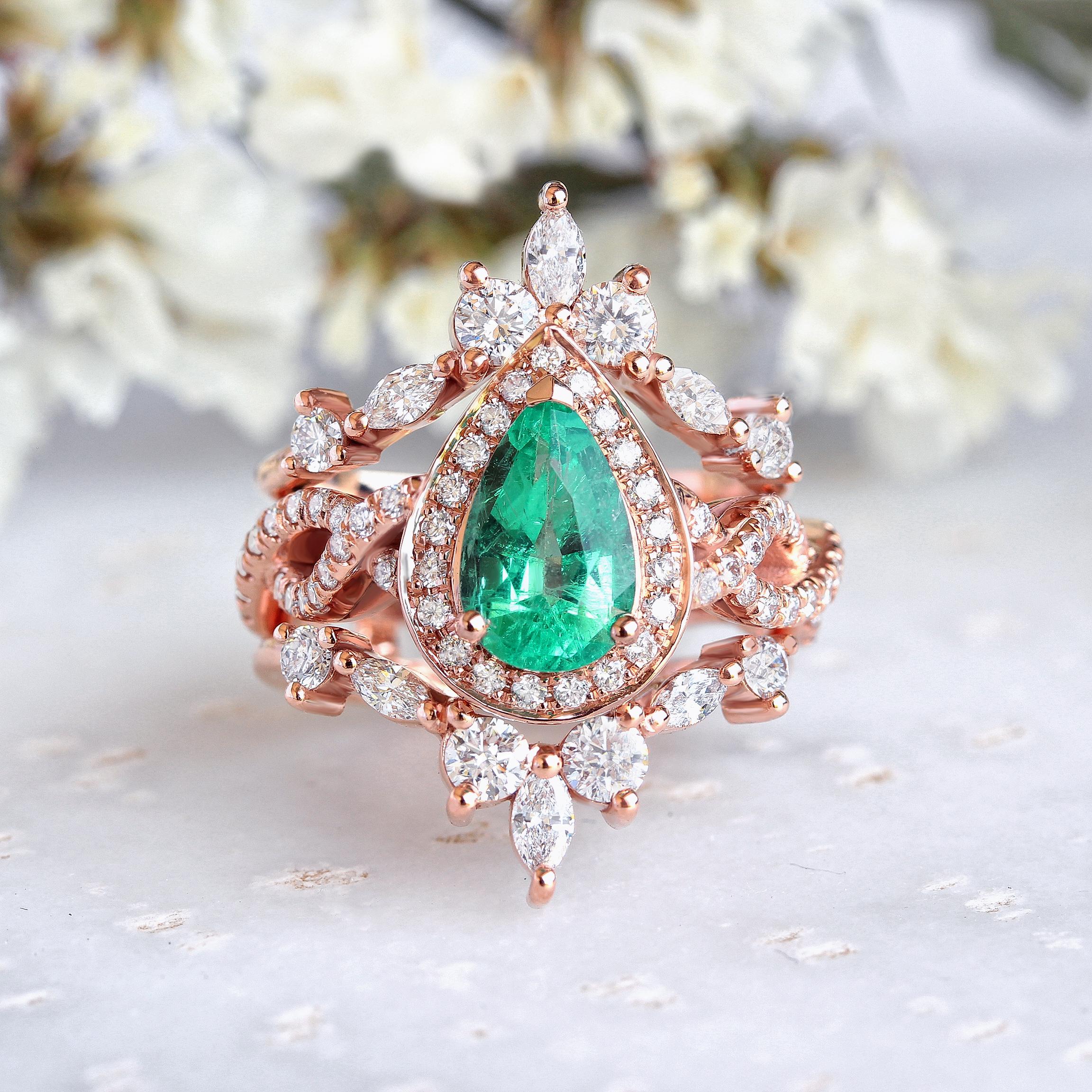 Pear Emerald with halo twist infinity shank wedding ring set - 