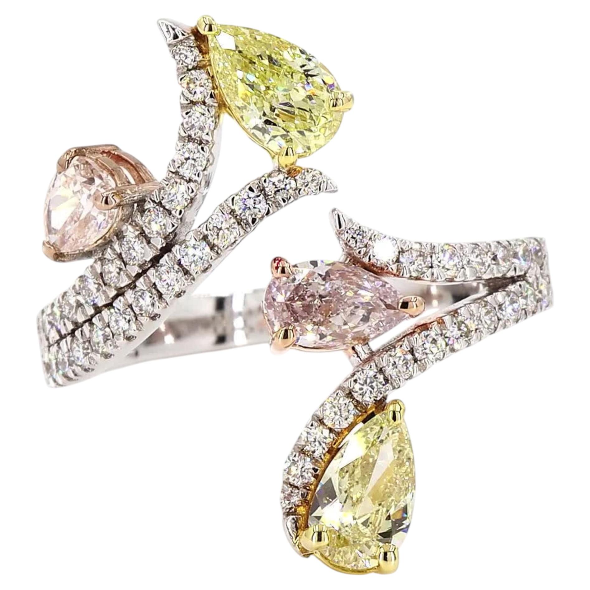 Pear Fancy Color Natural Diamond Bypass Ring in 18k Solid Gold (Certified)