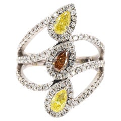 Pear Floral Fancy Color Halo Natural Diamond Ring in 14K Solid Gold (Certified)
