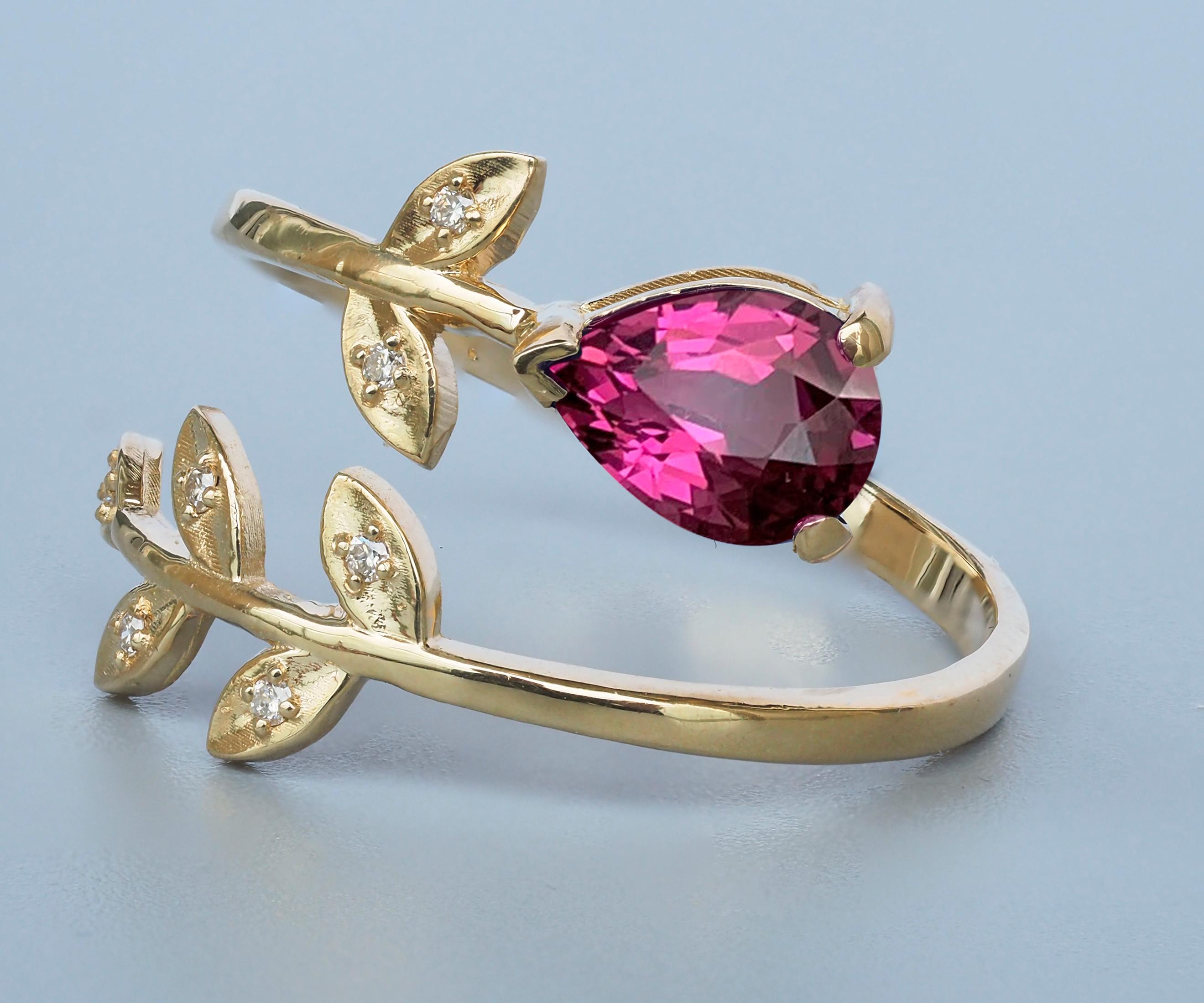 Pear garnet 14k gold ring. 
Open ended garnet ring. Gold leaves ring. Floral gold ring. Delicate gold ring. Adjustable garnet ring.

Metal: 14 k gold
Weight: 2 g. depends from size.

Set with garnet.
Pear shape, approx 0.8 ct, red color.
Clarity: