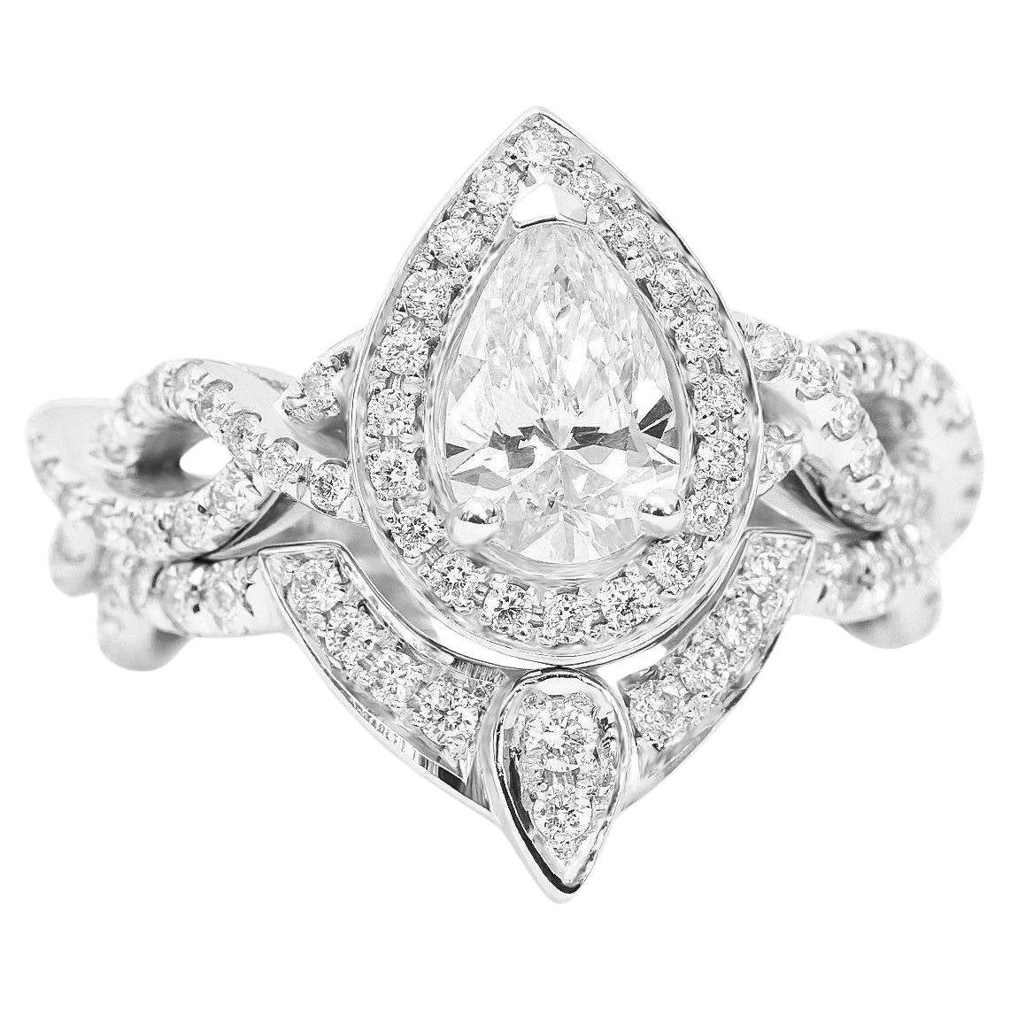 Pear Halo Diamond Twist Band Engagement Ring & Nesting Band - "The 3rd Eye" For Sale