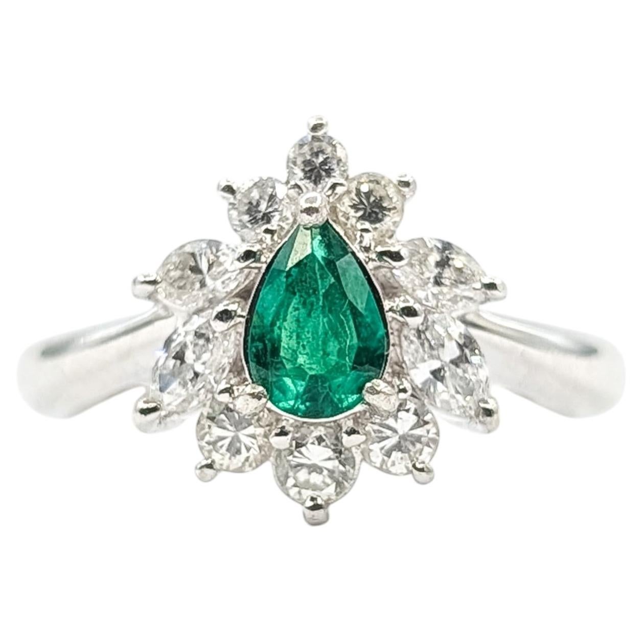 Pear Halo Emerald & Diamond Ring in Platinum For Sale