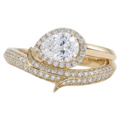 Pear Halo Natural Diamond Bypass Pave Band Ring in 14K Solid Gold (Certified)