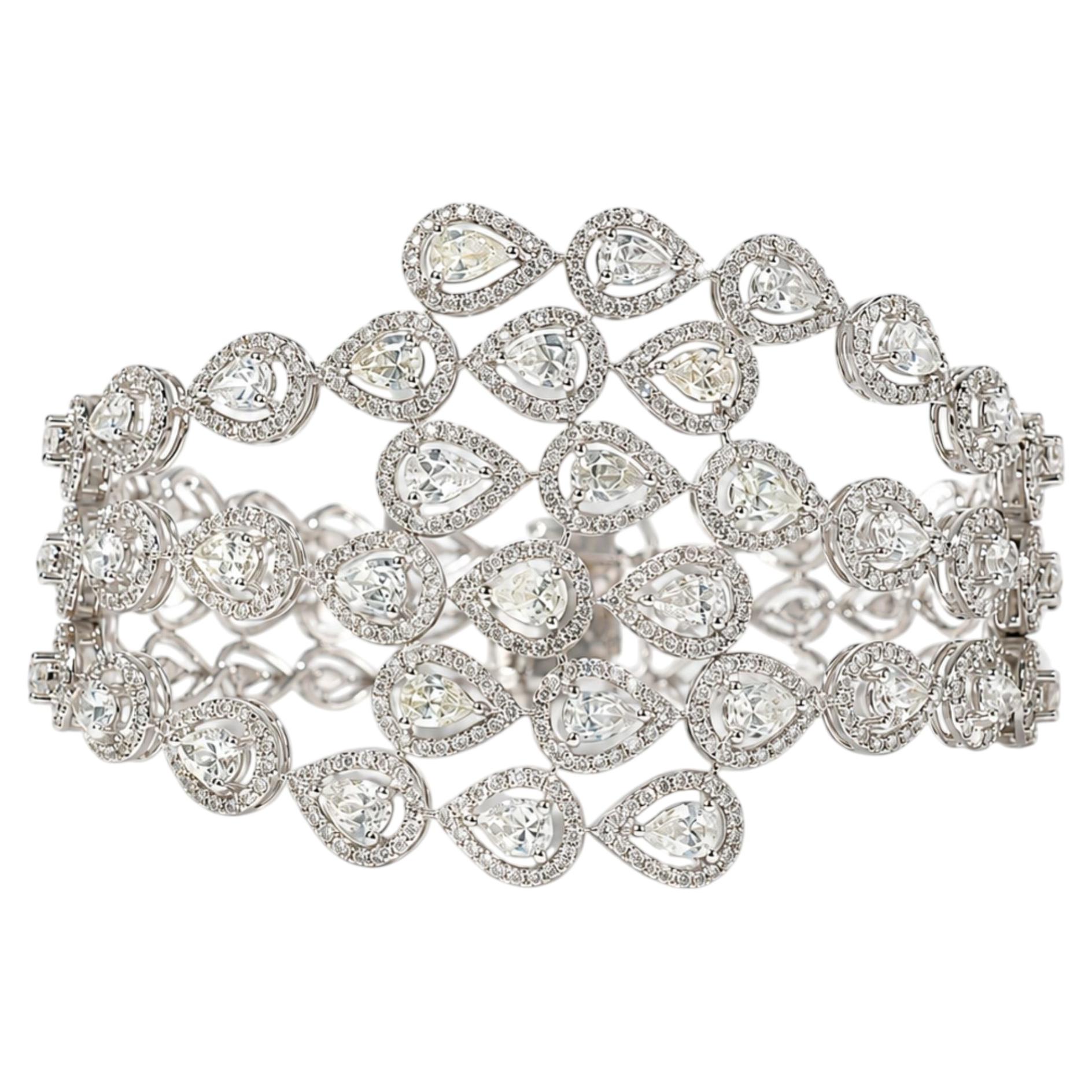 Pear Halo Natural Diamond Cuff Bracelet in 14k Solid Gold (Certified)