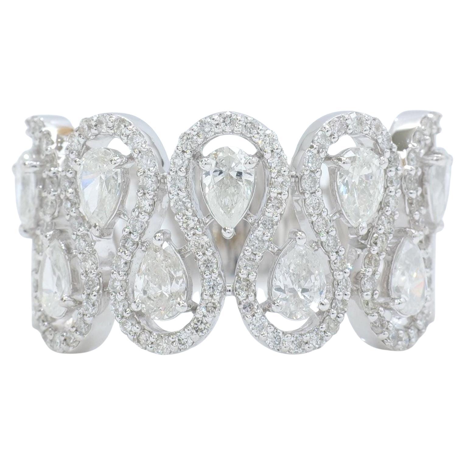 Pear Halo Natural Diamond Eternity Band Ring in 14K Solid Gold (Certified) For Sale