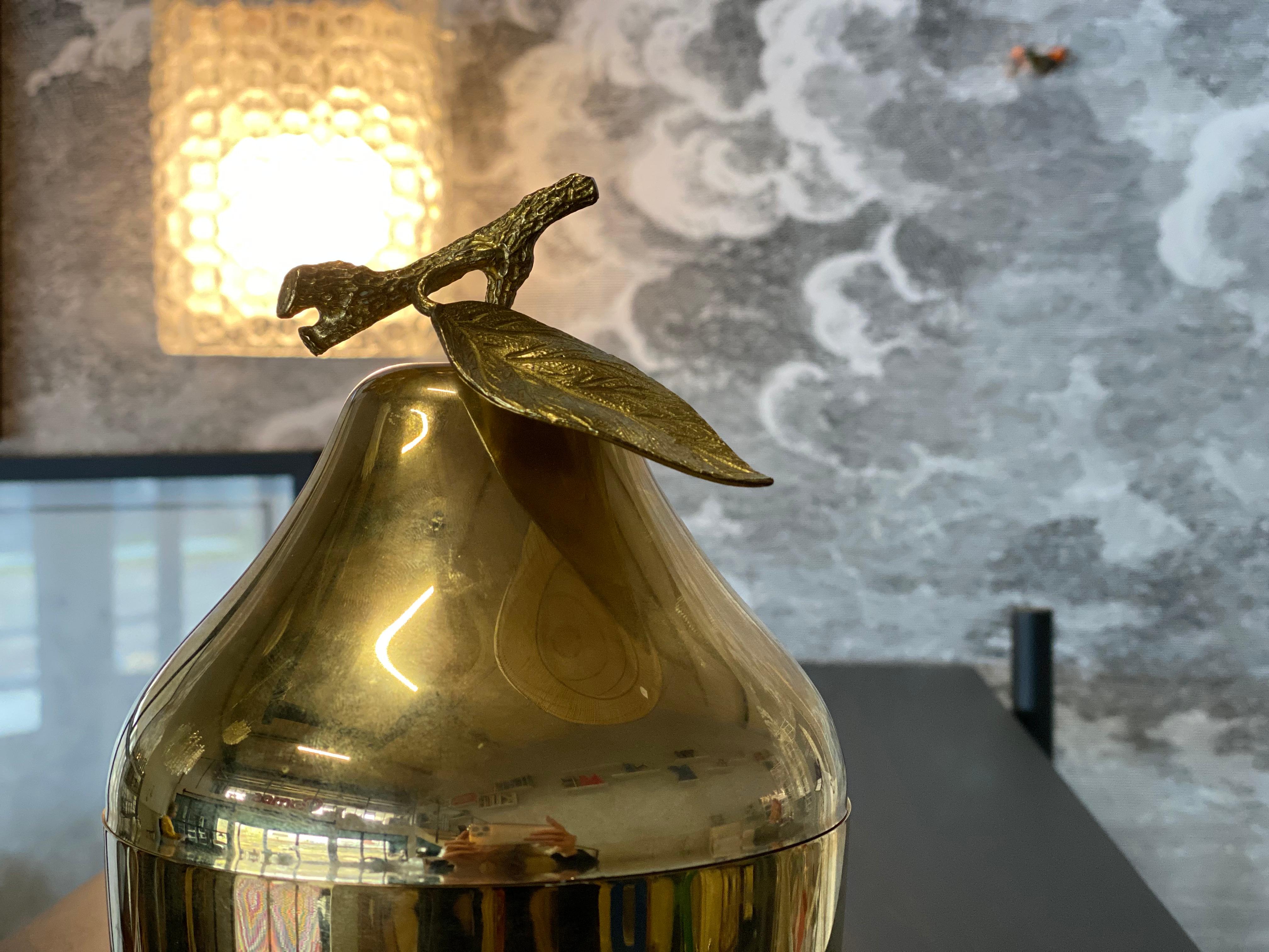 Beautiful golden pear ice bucket from the Swiss company Freddo Therm from the 1970s. This detailed ice bucket in the shape of a pear is a beautiful, luxurious addition to the home bar or simply as a special decoration for the necessary Hollywood