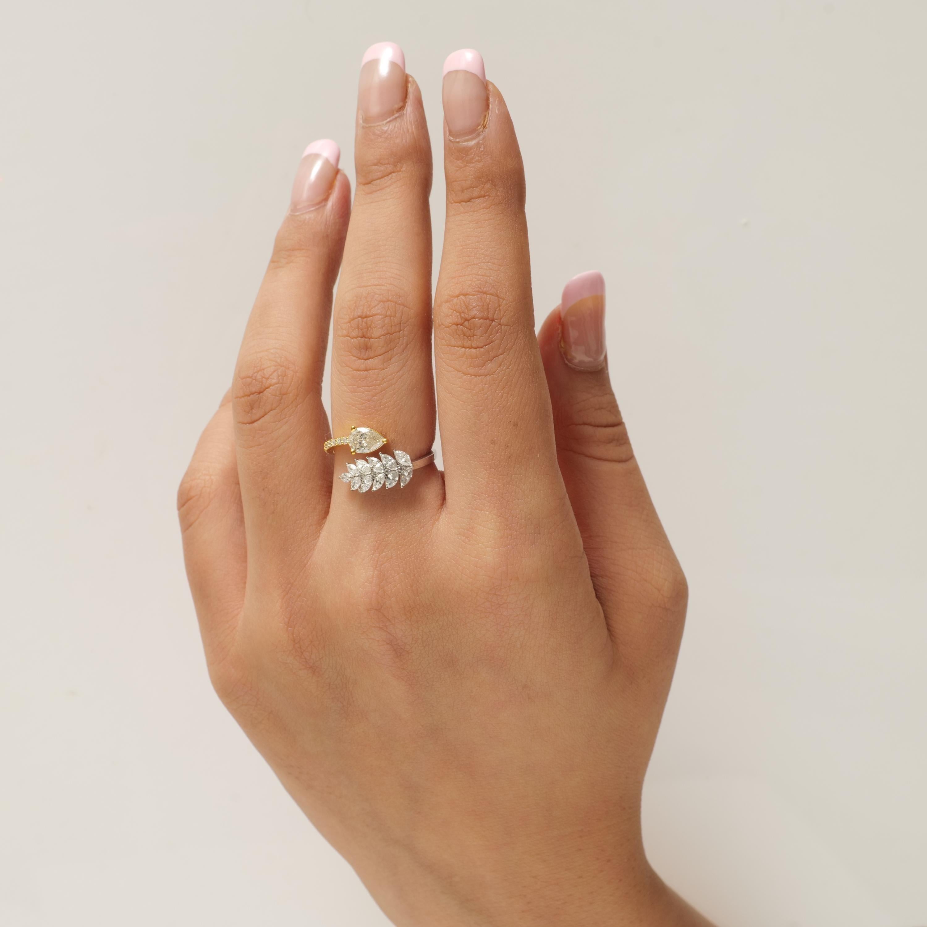 Art Déco Anello da polso aperto con diamante a foglia di pera in oro massiccio 14k (certificato) in vendita