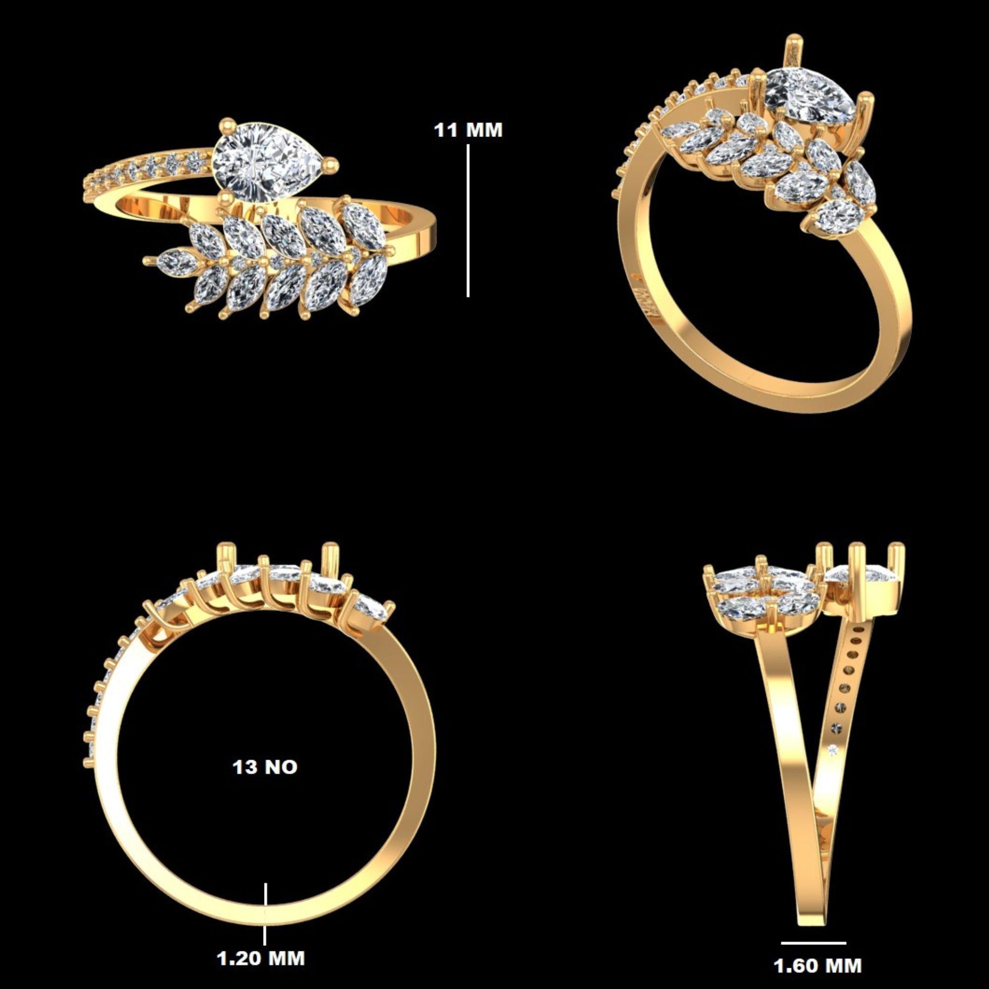 Pear Leaf Natural Diamond Statement Open Cuff Rin… - image 9