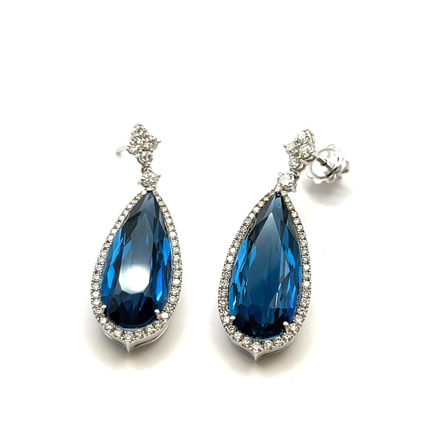 Pear Cut Pear London Blue Topaz and Diamond Drop long Dandle Earrings in 18k White Gold For Sale