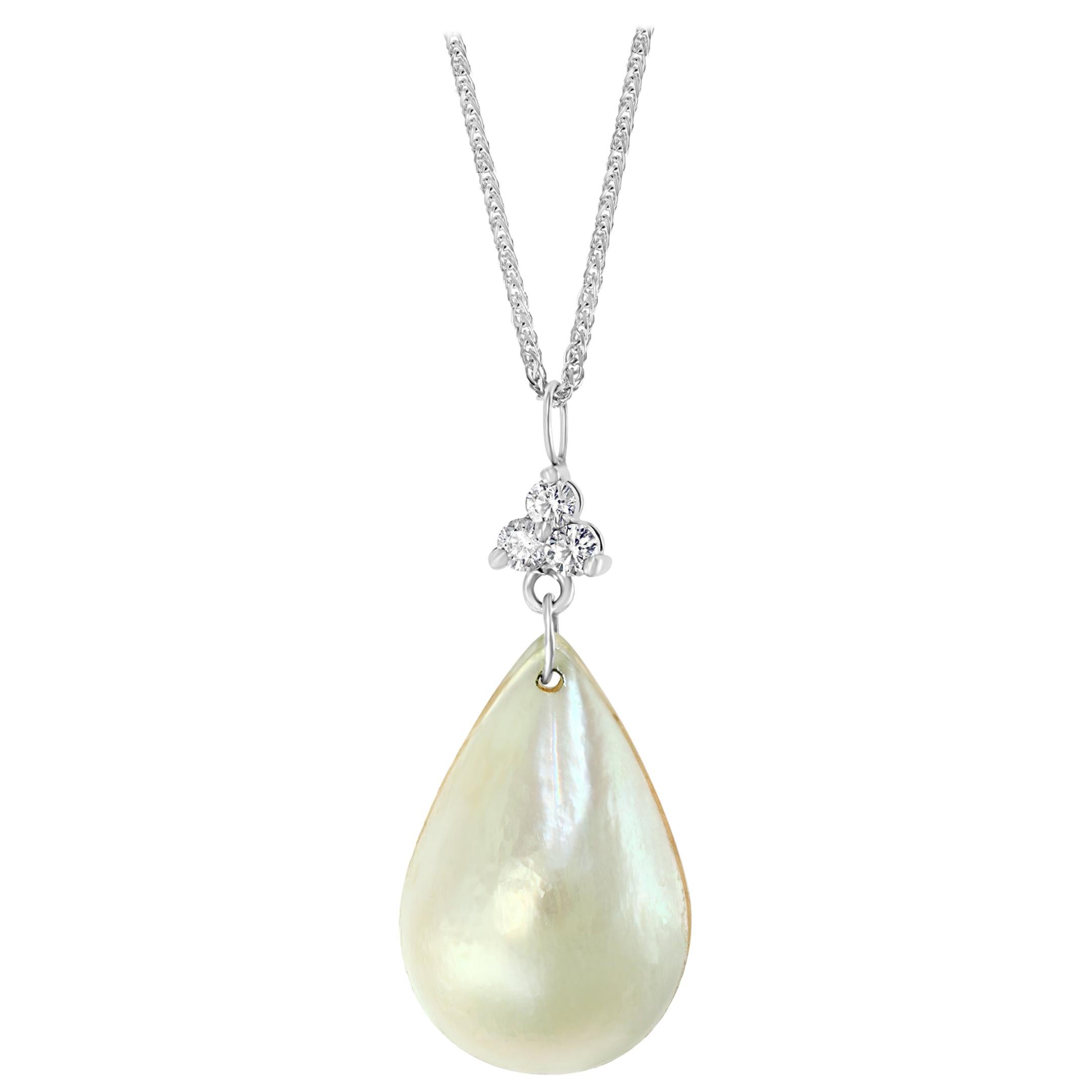 Pear Mabe Pearl & 0.36 Ct Diamond Pendant/ Necklace 14 Kt White Gold with Chain For Sale