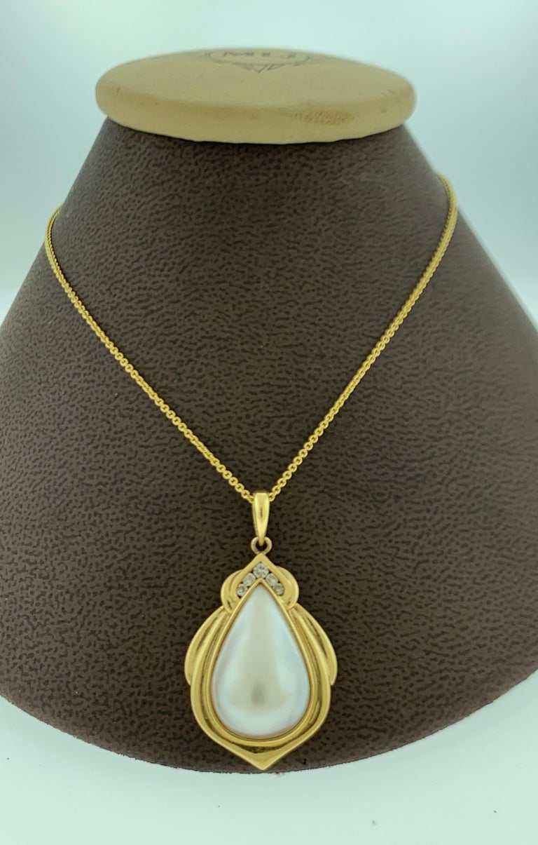 Pear Mabe Pearl and Diamond Pendant / Necklace 14 Karat Yellow Gold ...