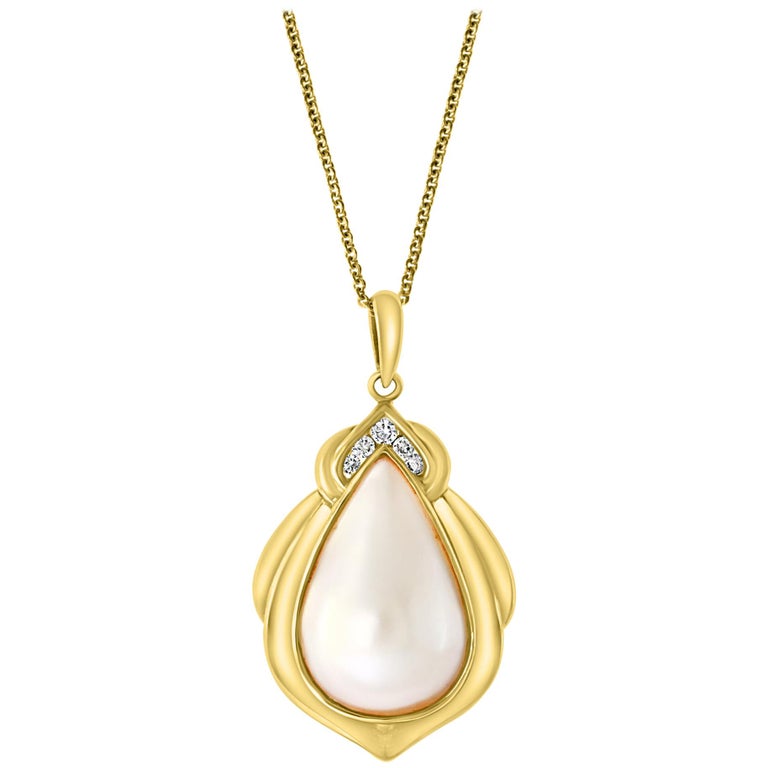 Pear Mabe Pearl and Diamond Pendant / Necklace 14 Karat Yellow Gold ...