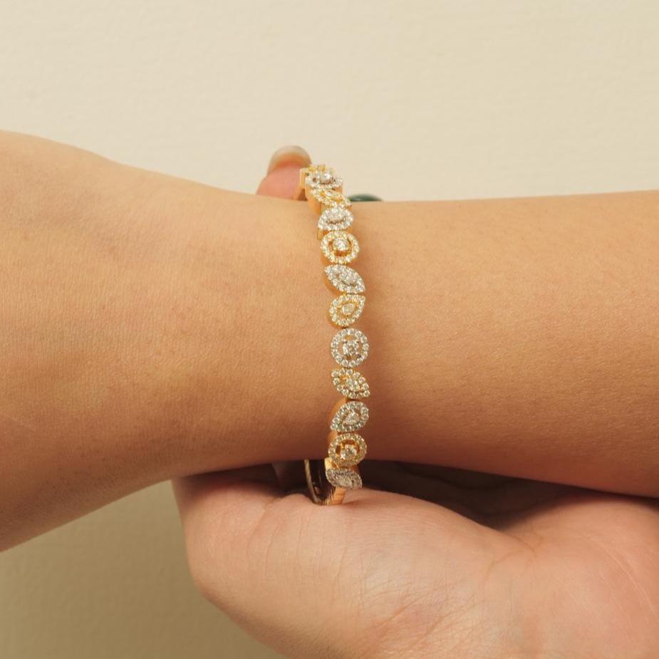 Round Cut Pear & Marquise Cuff Diamond Bracelet in 14K Solid Gold (Certified) For Sale