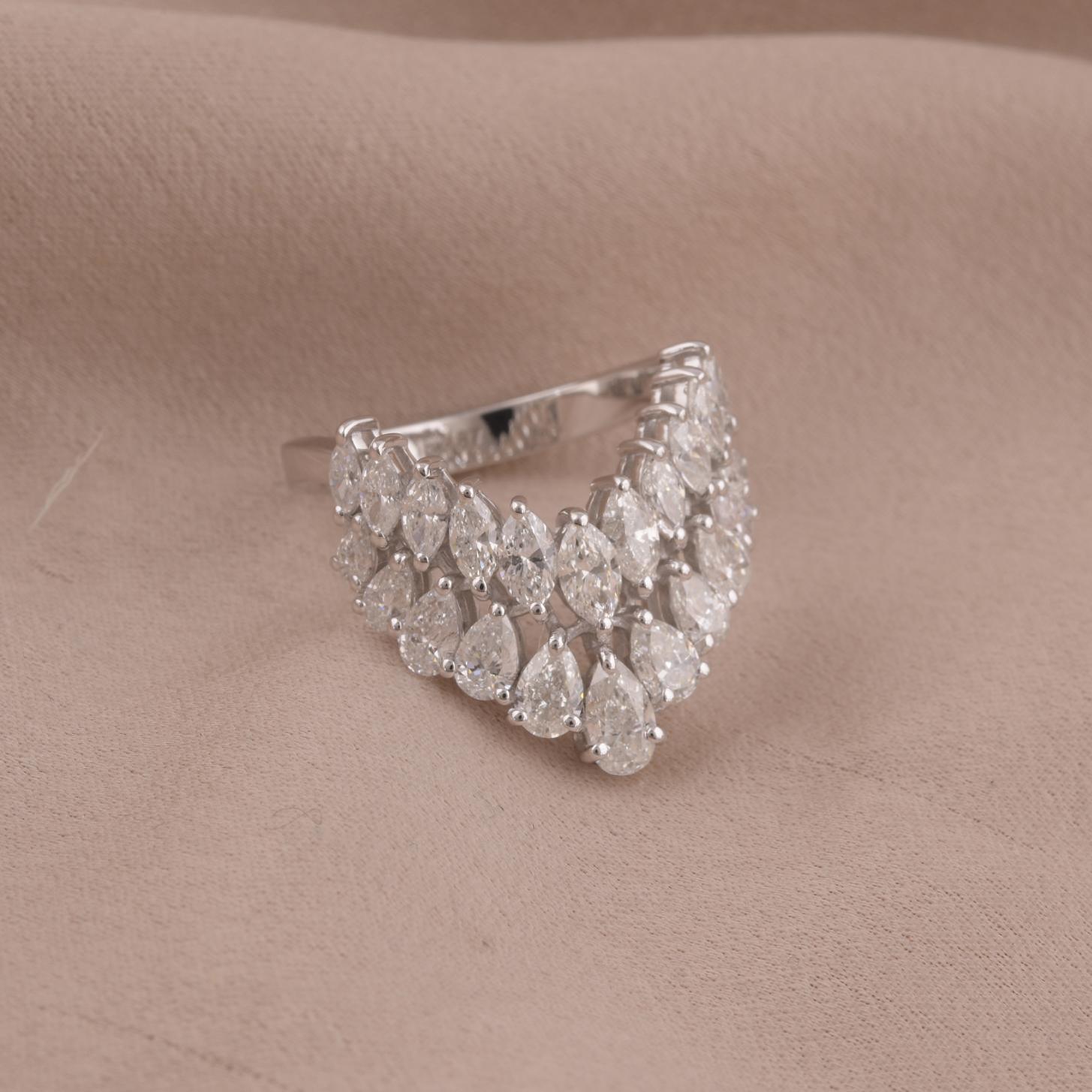 Pear Cut Pear & Marquise Diamond Chevron Design Ring 18 Karat White Gold Handmade Jewelry For Sale