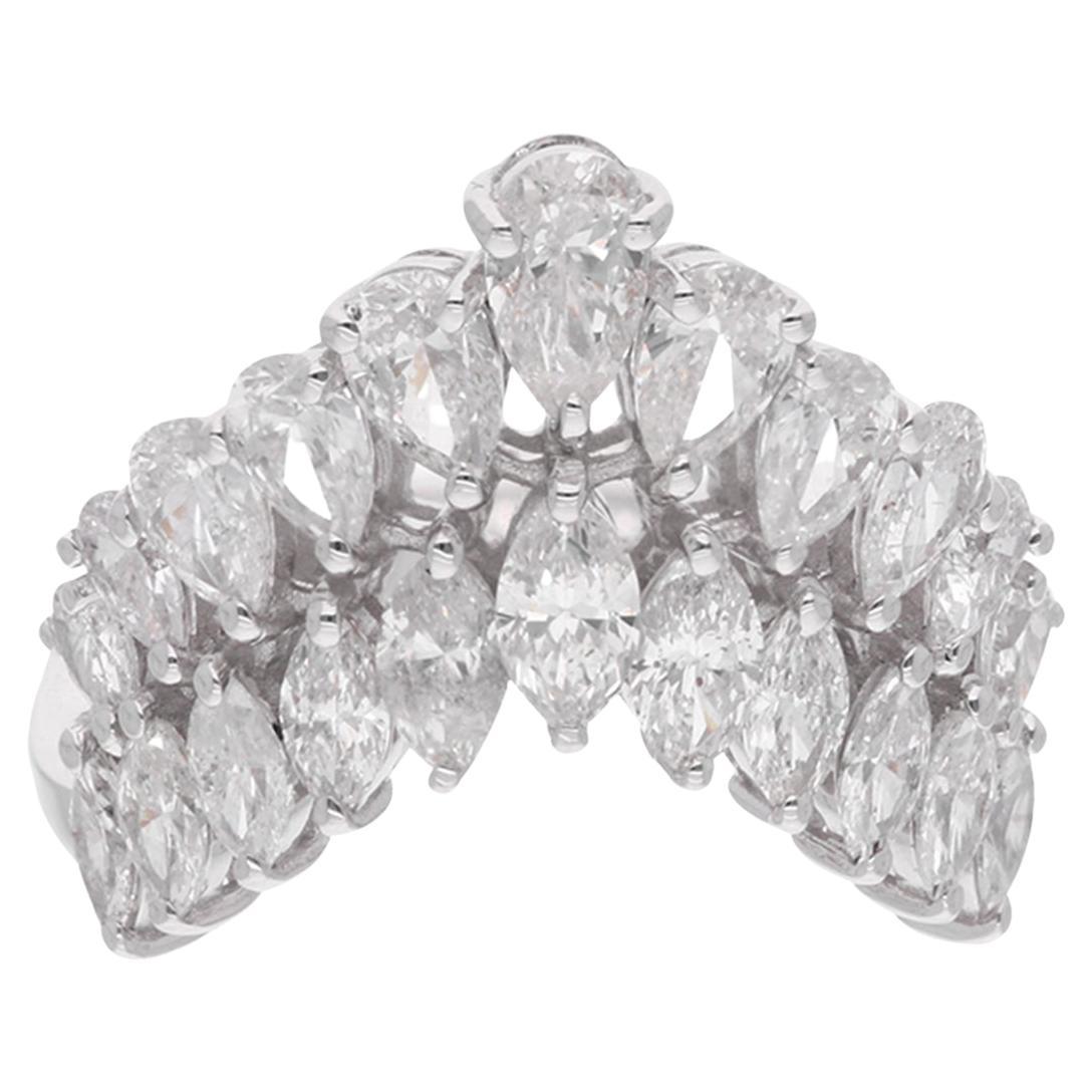 Pear & Marquise Diamond Chevron Design Ring 18 Karat White Gold Handmade Jewelry For Sale
