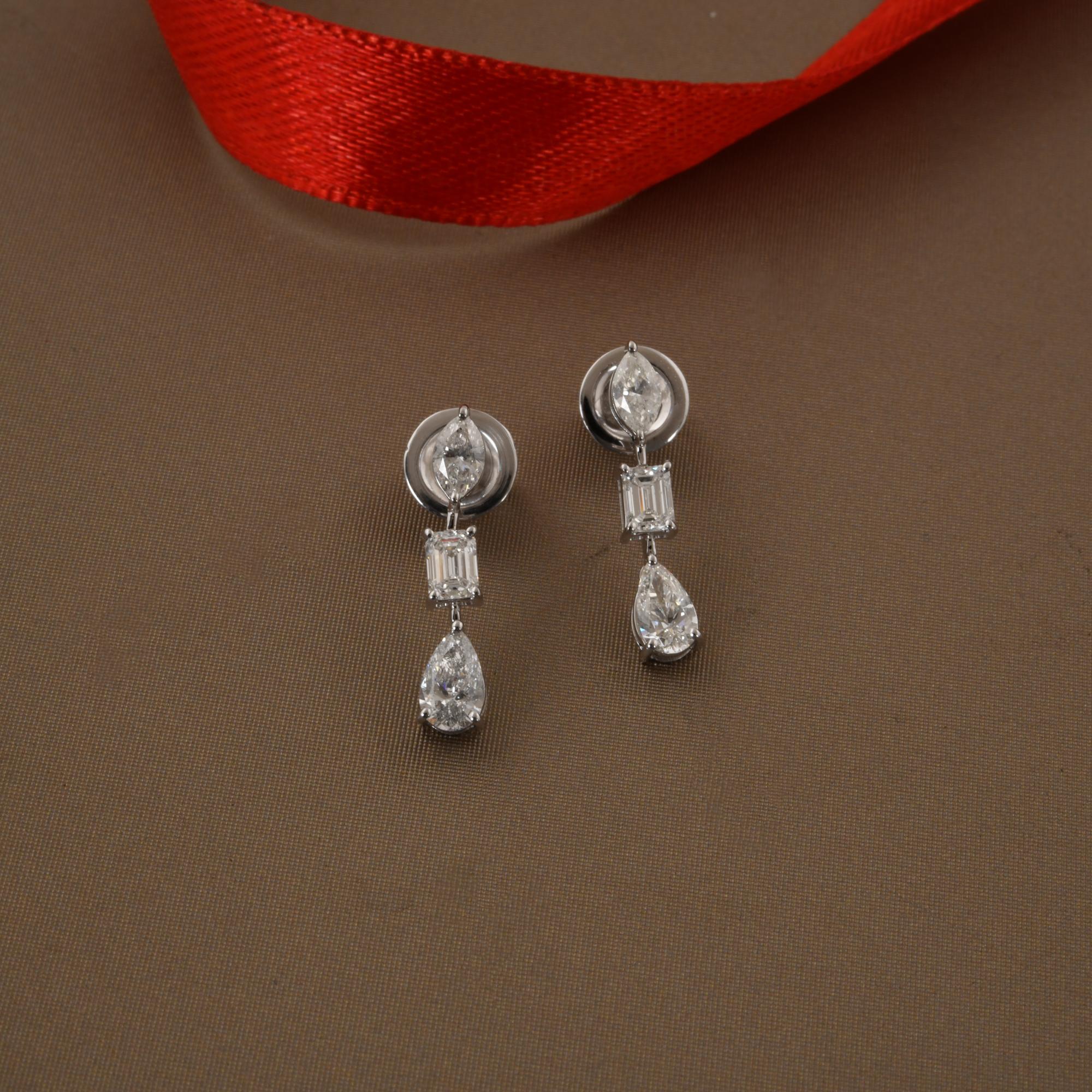 Modern Pear Marquise & Emerald Cut Diamond Dangle Earrings 14 Karat White Gold Jewelry For Sale