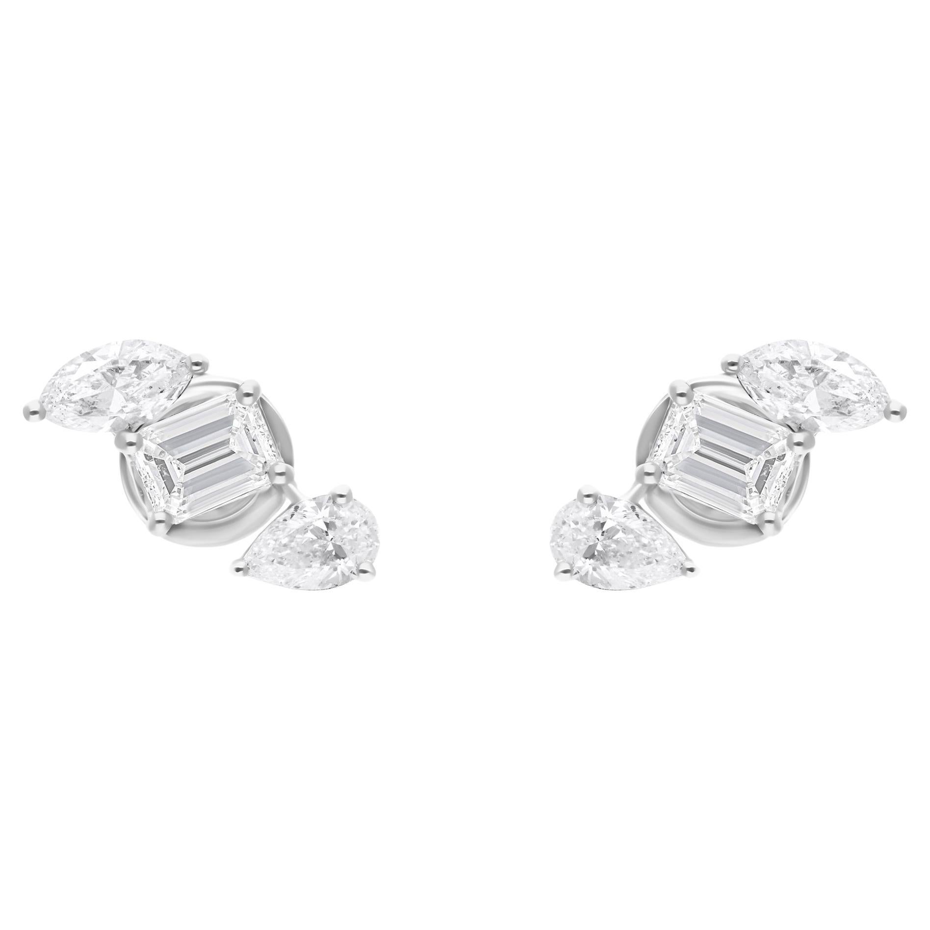 Pear Marquise Emerald Cut Diamond Stud Earrings 18 Karat White Gold Fine Jewelry
