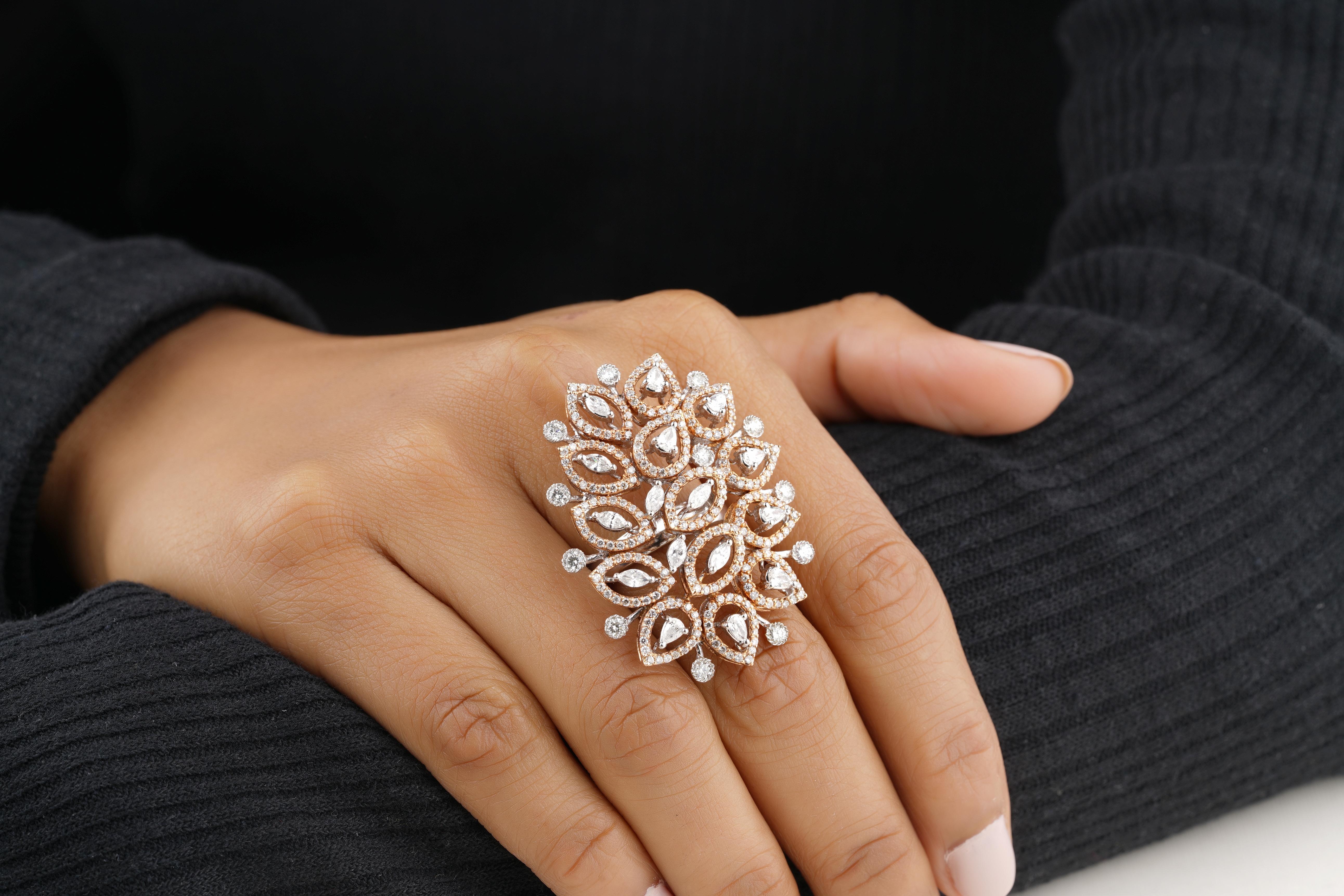 Birne & Marquise Blätter Diamantring in 14K massivem Gold (zertifiziert) (Art déco) im Angebot