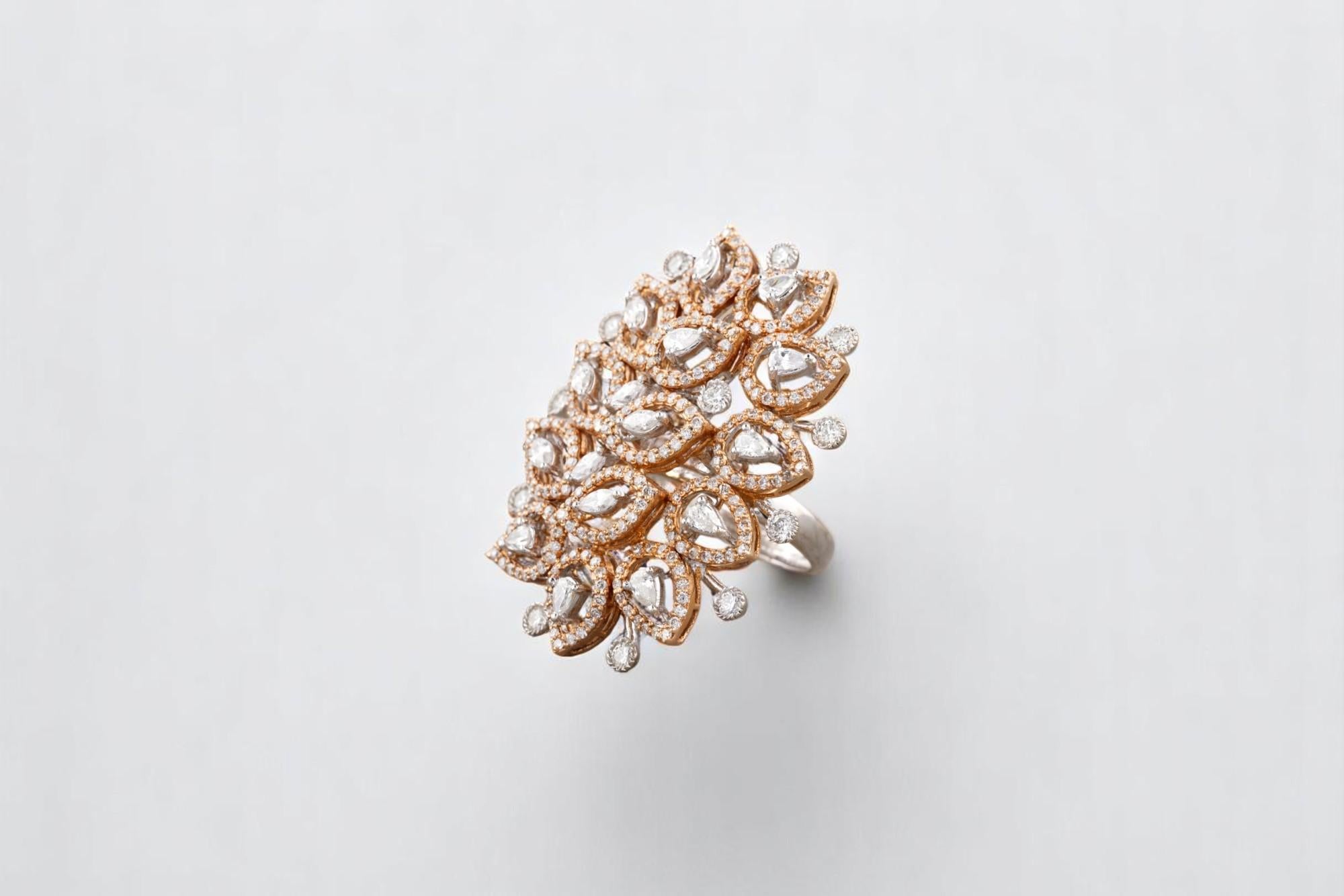 Birne & Marquise Blätter Diamantring in 14K massivem Gold (zertifiziert) (Rundschliff) im Angebot