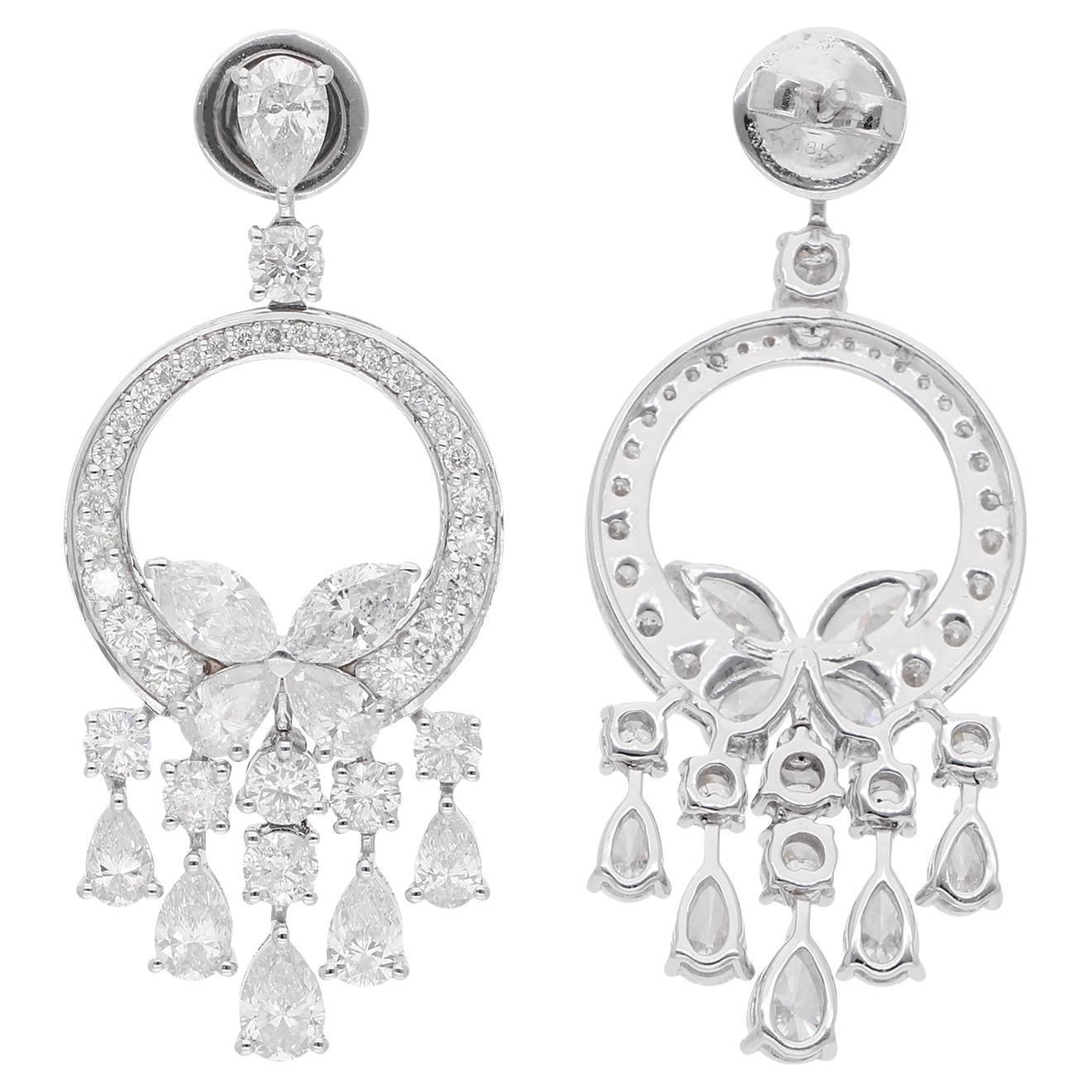 Pear Marquise Round Diamond Dangle Earrings 18 Karat White Gold Fine Jewelry