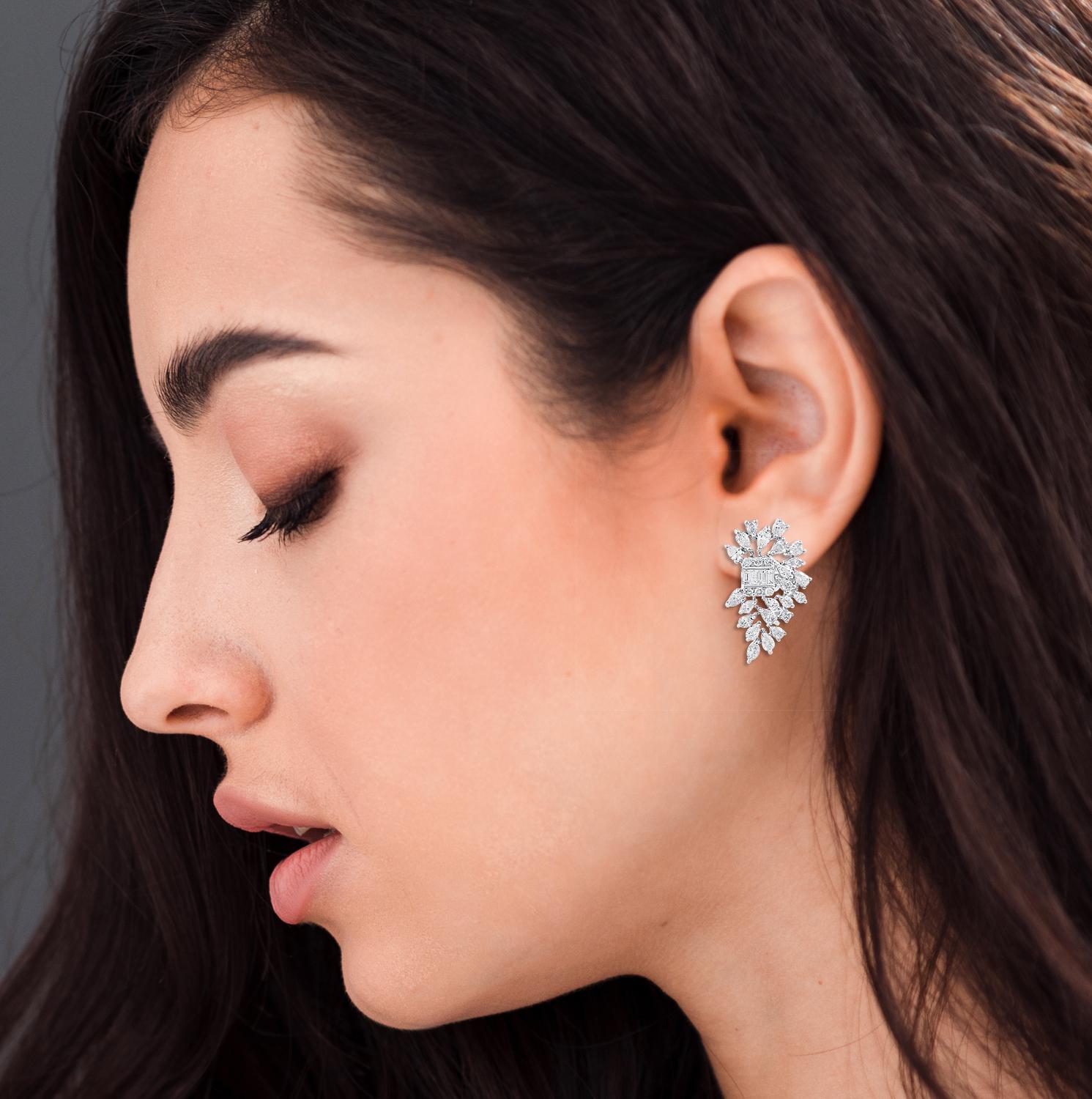 Modern Pear Marquise Round Diamond Earrings 18 Karat White Gold Handmade Fine Jewelry For Sale