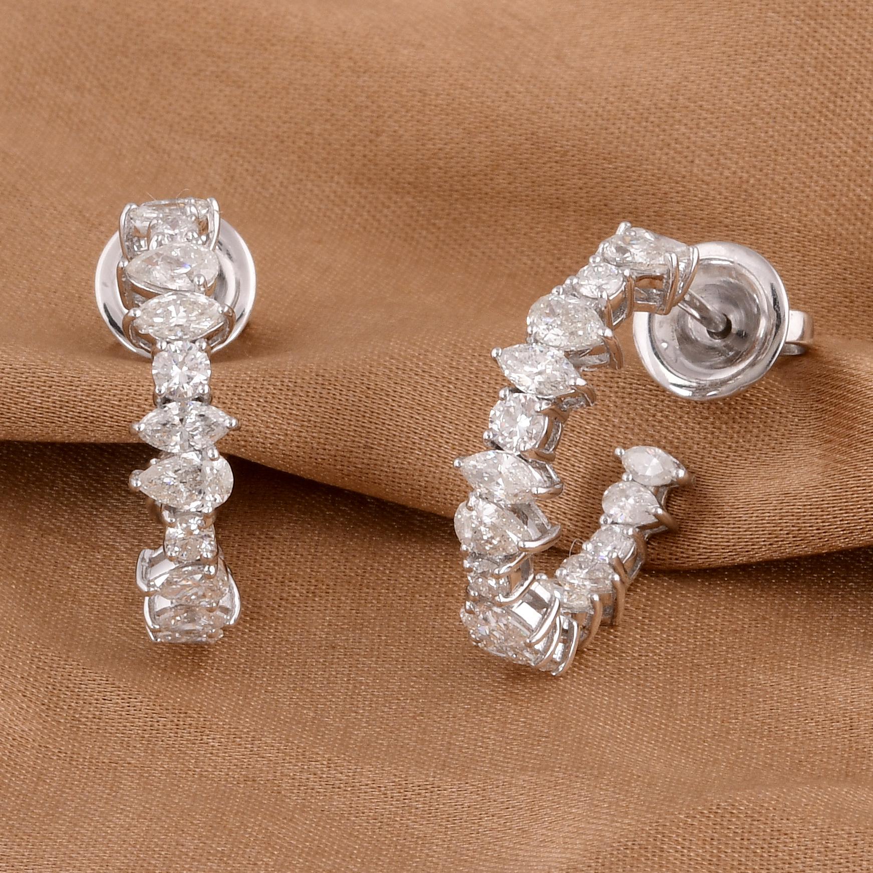 Modern Pear Marquise & Round Diamond Hoop Earrings 14 Karat White Gold Handmade Jewelry For Sale