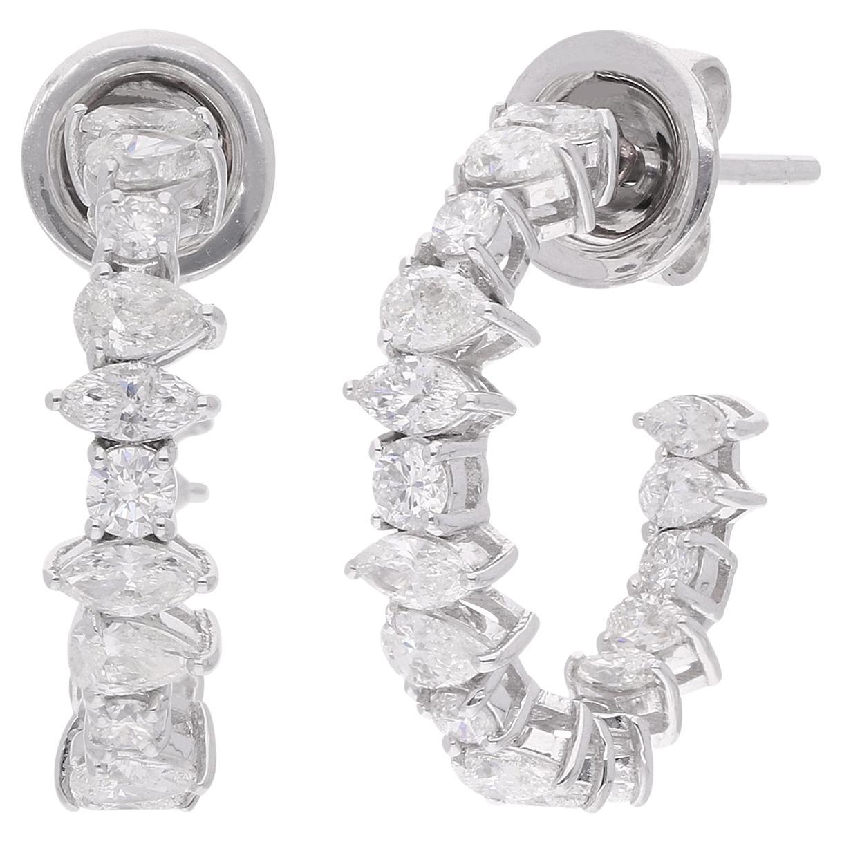 Pear Marquise & Round Diamond Hoop Earrings 14 Karat White Gold Handmade Jewelry For Sale