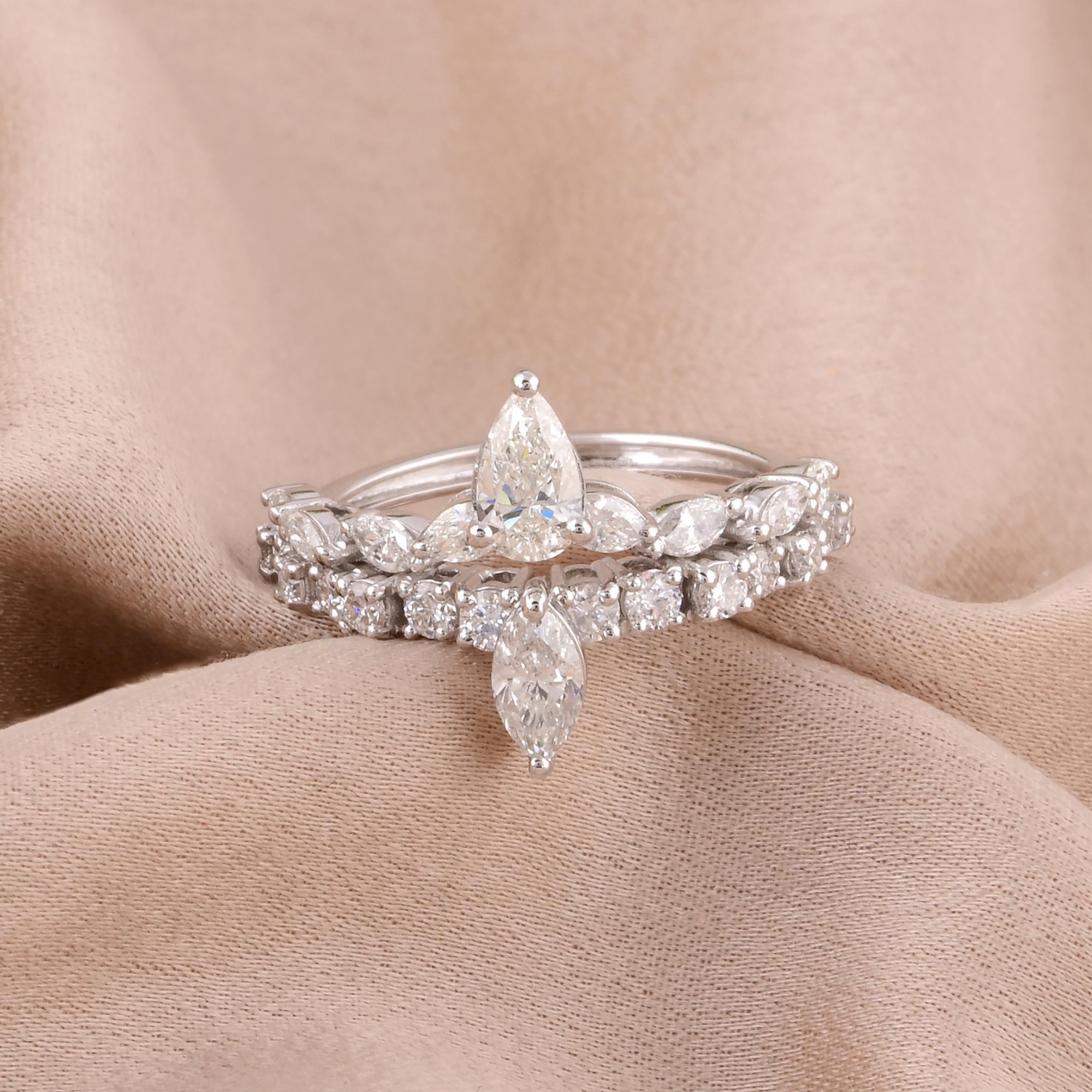 Taille Marquise Bague de mariage faite main en or blanc 14 carats avec diamants ronds et marquises de poire en vente