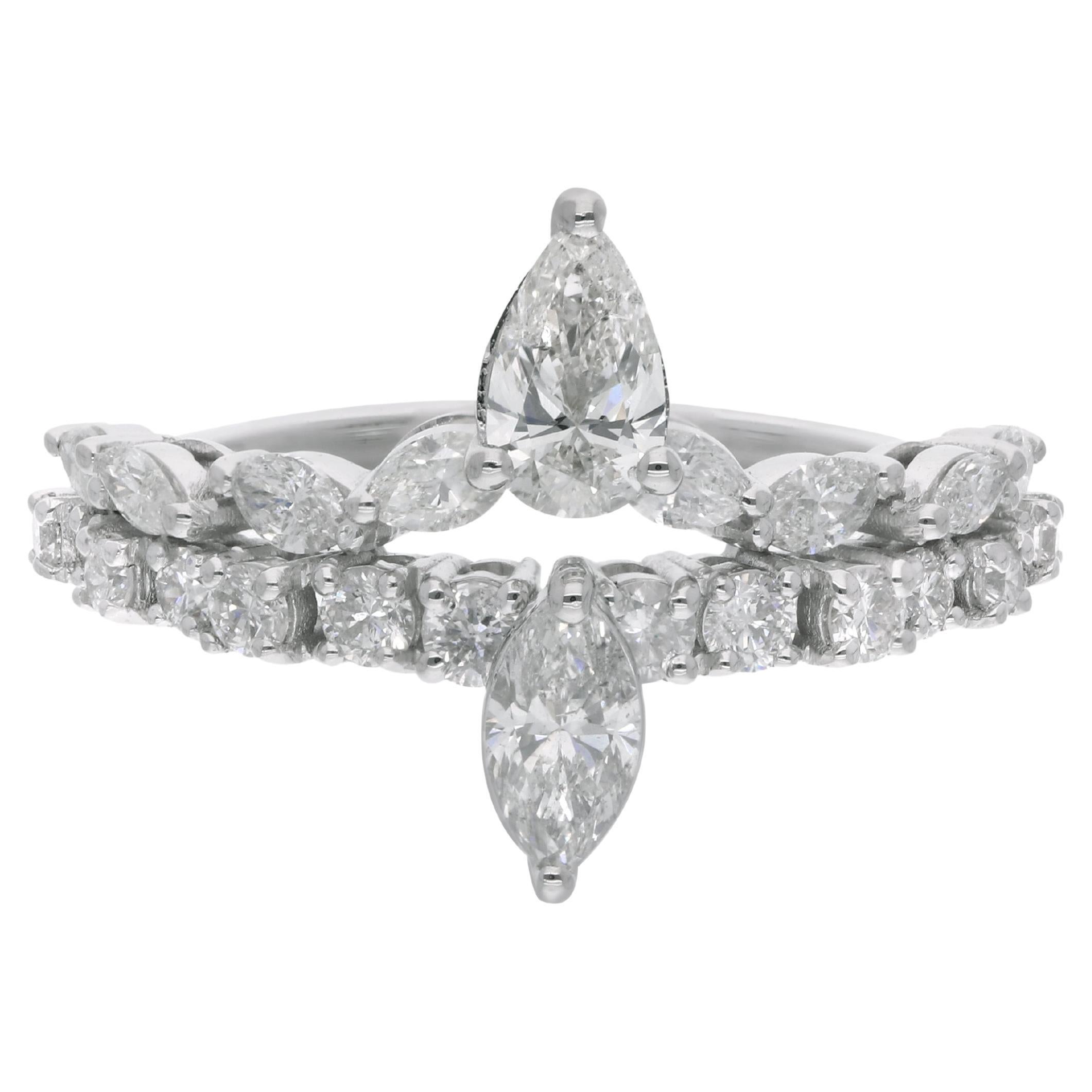 Bague de mariage faite main en or blanc 14 carats avec diamants ronds et marquises de poire en vente