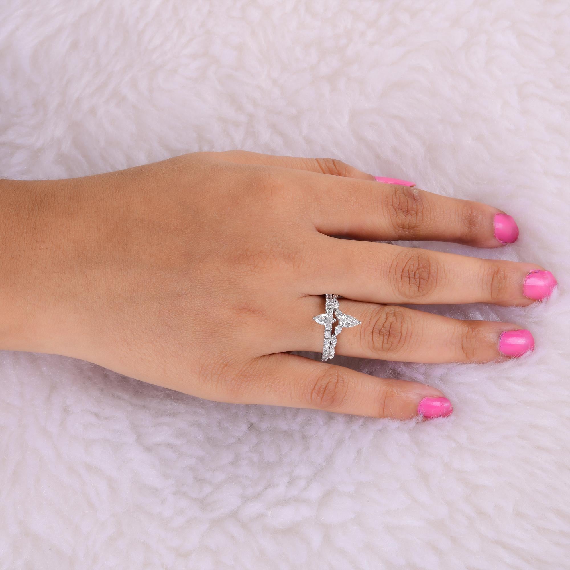 Women's Pear Marquise & Round Diamond Wedding Ring 18 Karat White Gold Handmade Jewelry For Sale
