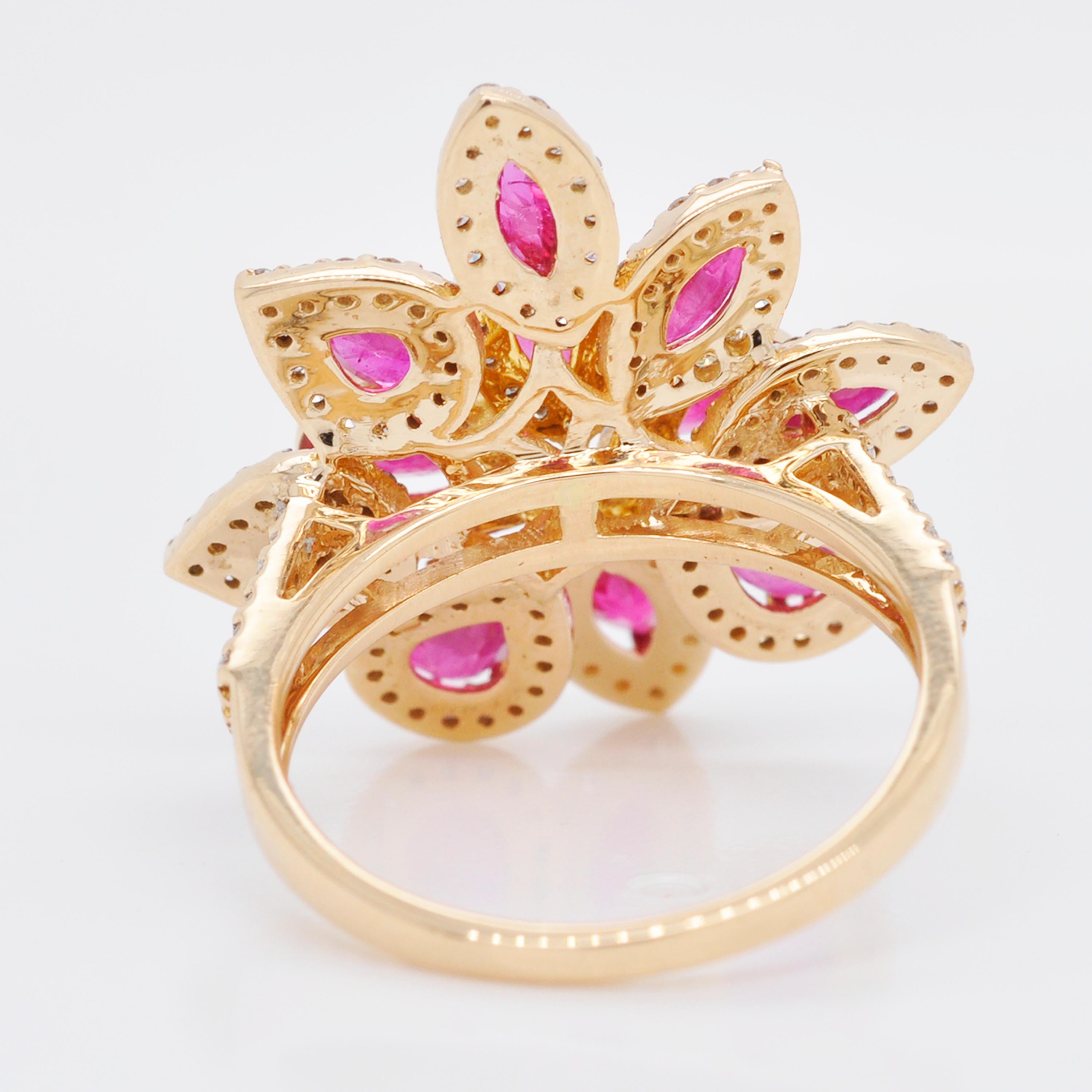 Contemporary Pear Marquise Ruby Flower Diamond Cocktail Ring 18 Karat Yellow Gold For Sale
