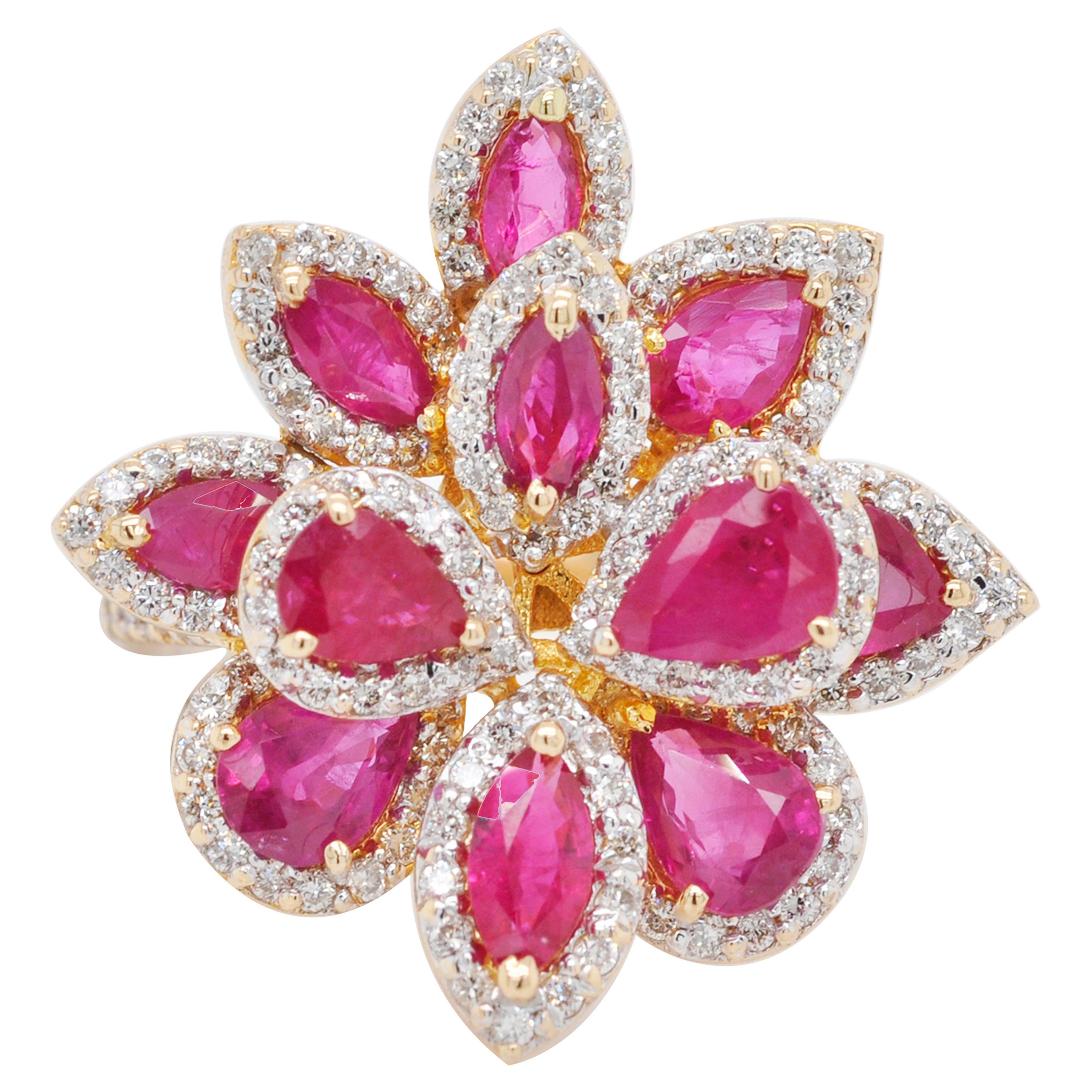 Pear Marquise Ruby Flower Diamond Cocktail Ring 18 Karat Yellow Gold For Sale