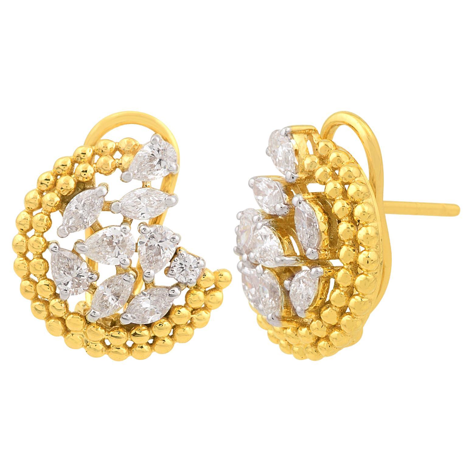 Pear Marquise Shape Diamond Crescent Moon Earrings 18 Karat Yellow Gold Jewelry