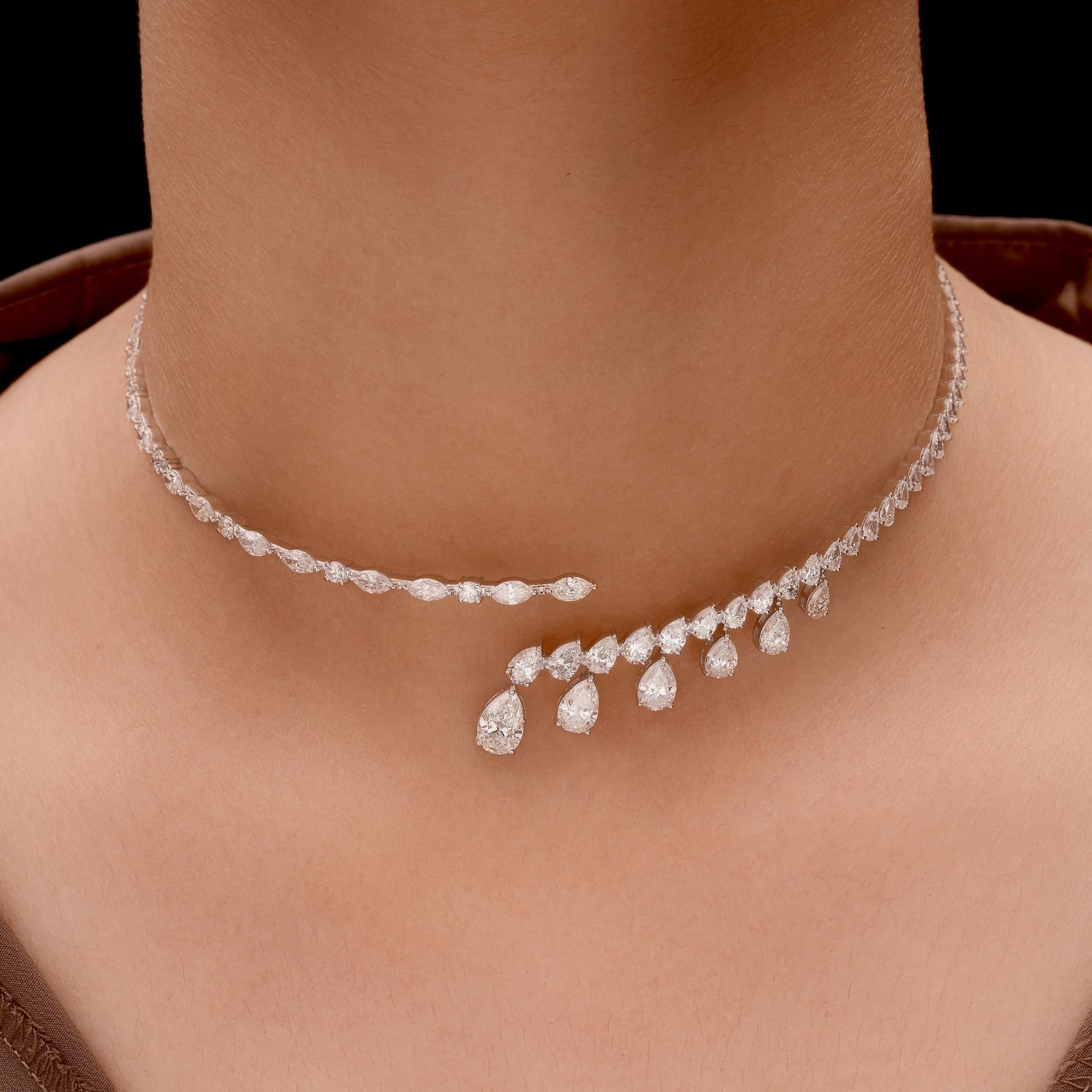 Pear Marquise SI/H Diamond Open 18k White Gold Choker Necklace All Tariffs Paid
The standout element of this design is the graduated sequence of pear-shaped and marquise-cut stones, meticulously arranged to form a flowing, vine-like pattern. One