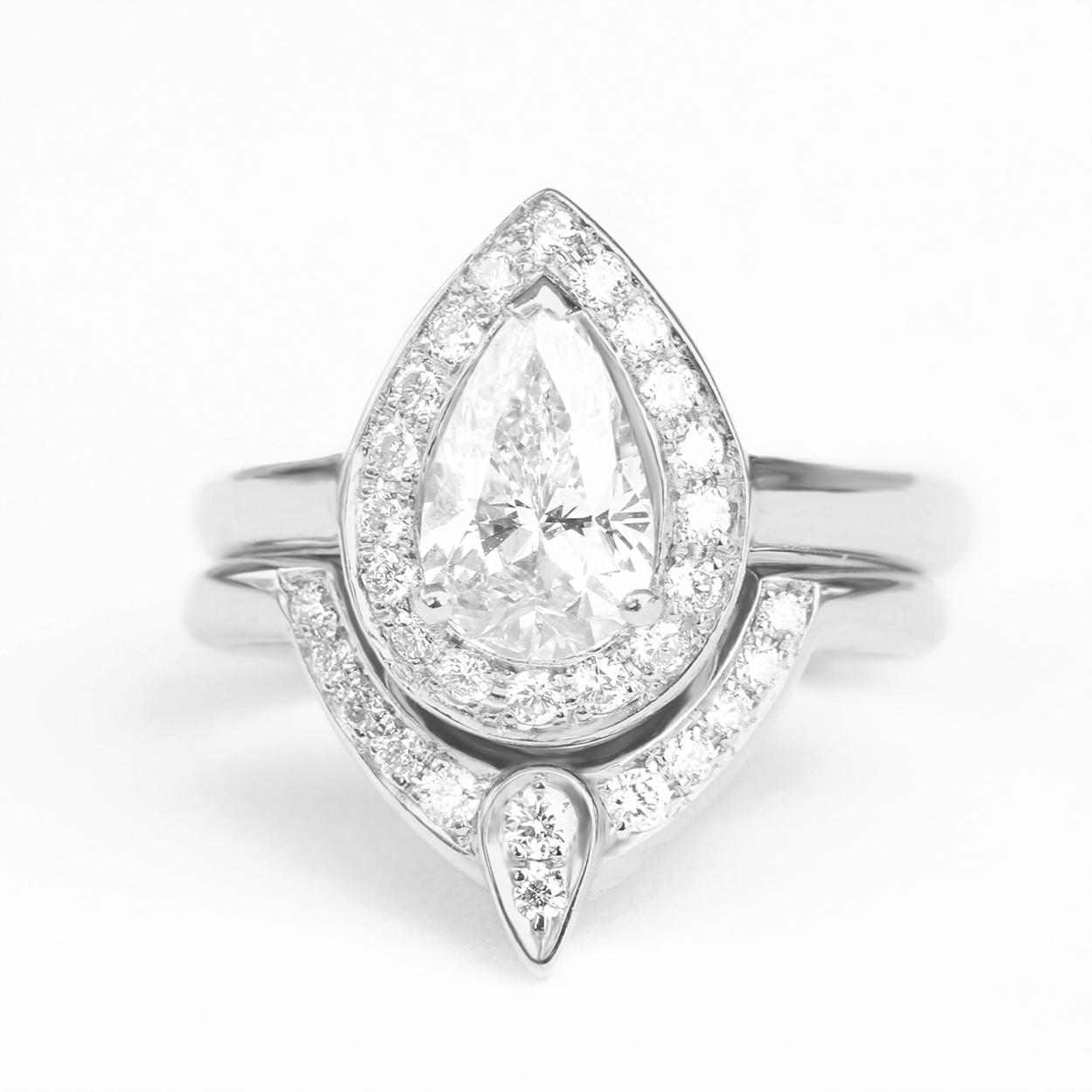Pear Moissanite 1.0ct Halo Engagement & Wedding Two Ring Set 