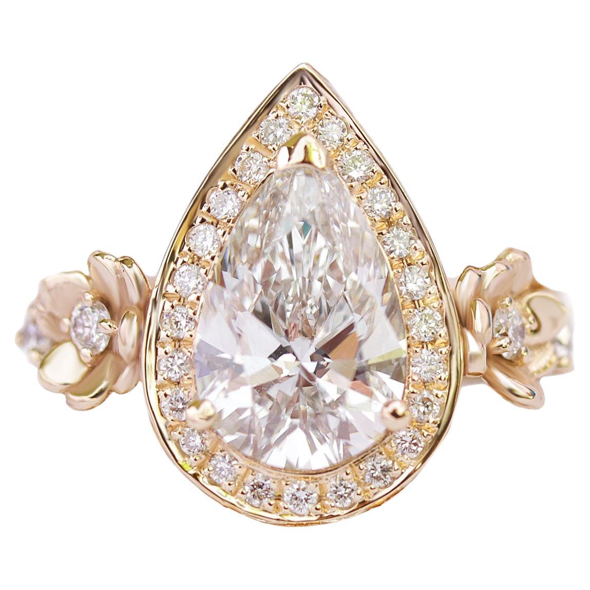 Pear Moissanite 1.50ct Floral Unique Engagement Ring, Alternative Bride Antheia For Sale