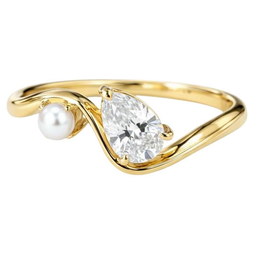 Im Angebot: Birne Moissanit und Perle 14k Gold Ring ()