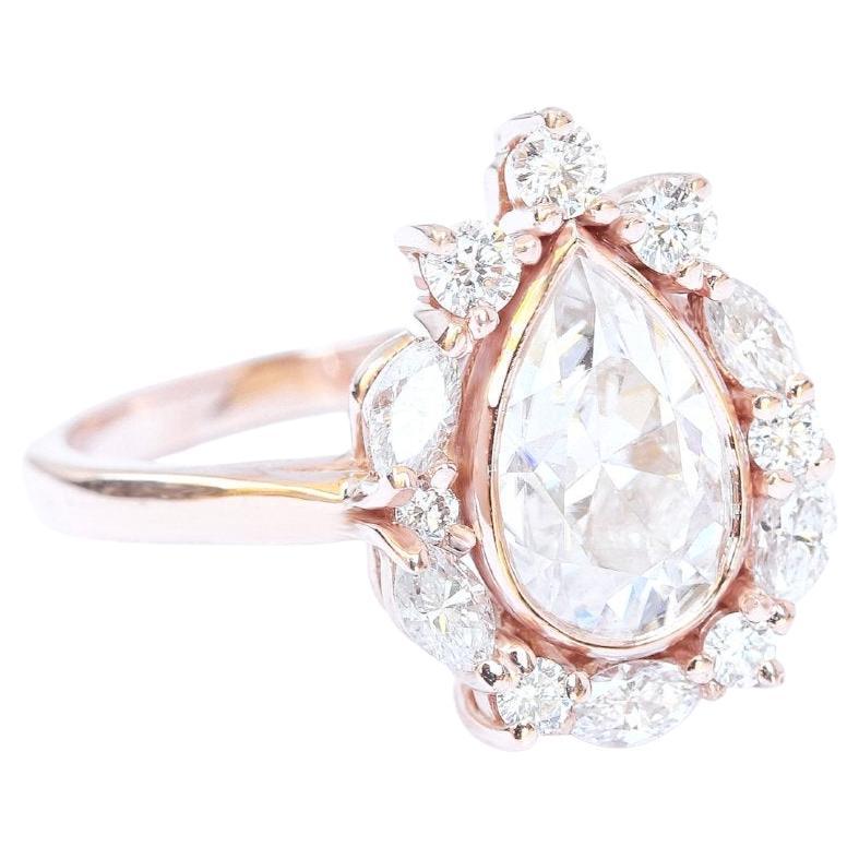 Pear Moissanite Bezel Set Halo Unique and Delicate Engagement Ring - "Ballerina" For Sale