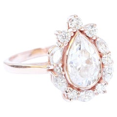Pear Moissanite Bezel Set Halo Unique and Delicate Engagement Ring - "Ballerina"