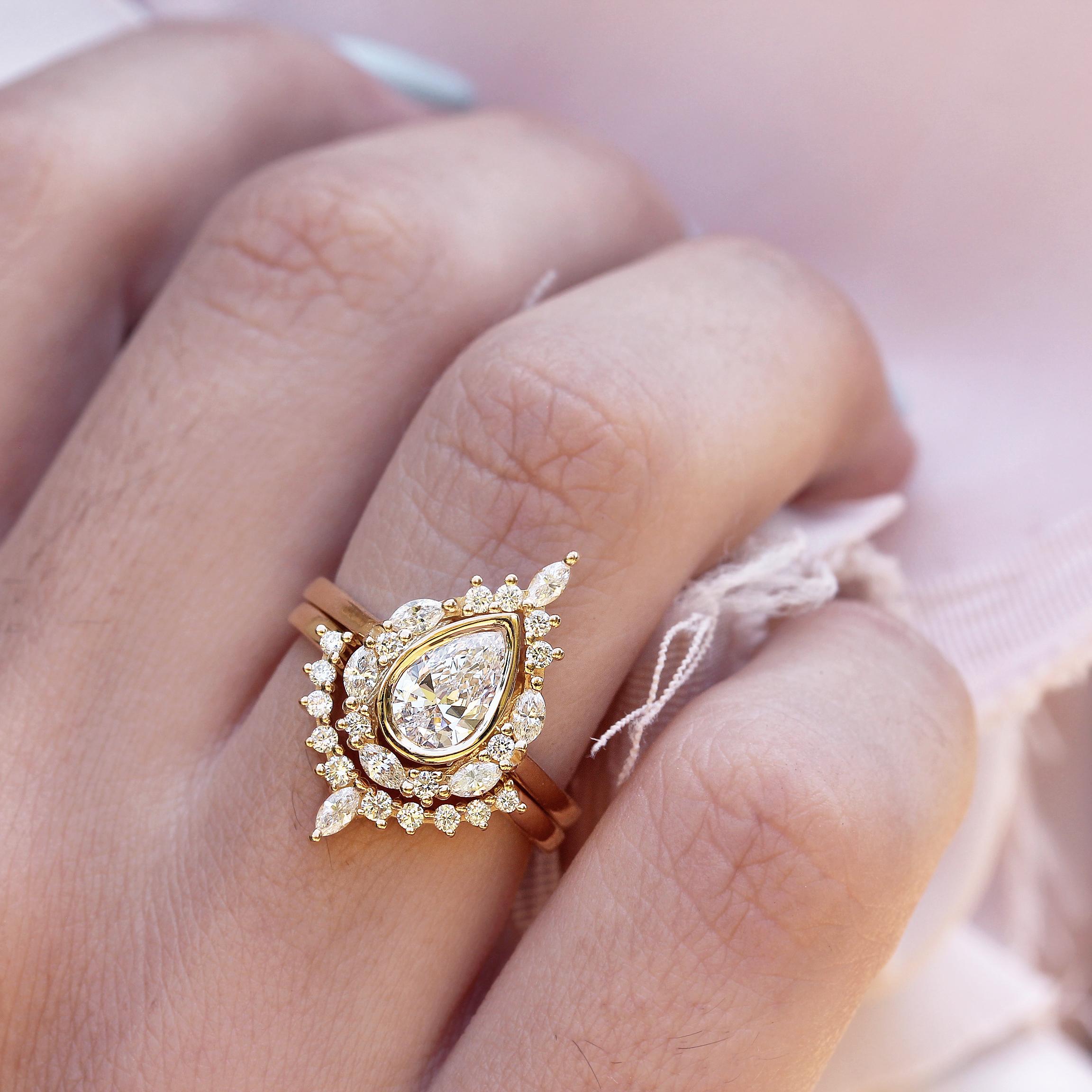 Art Deco Pear Moissanite Diamond Engagement Ring Matching Ring, Unique Diamond Halo - Eva For Sale