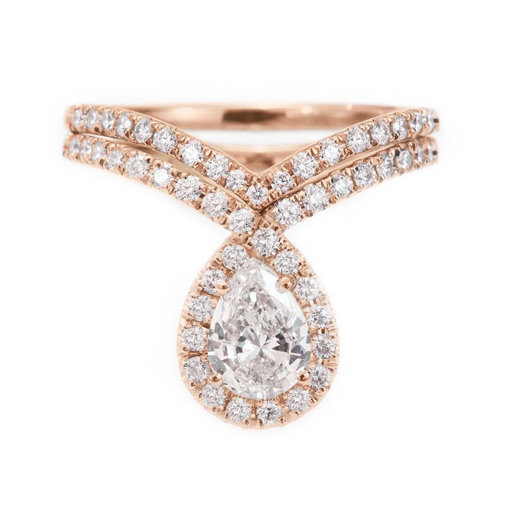 Art Deco Pear Moissanite diamond Halo Unique engagement Two rings set 
