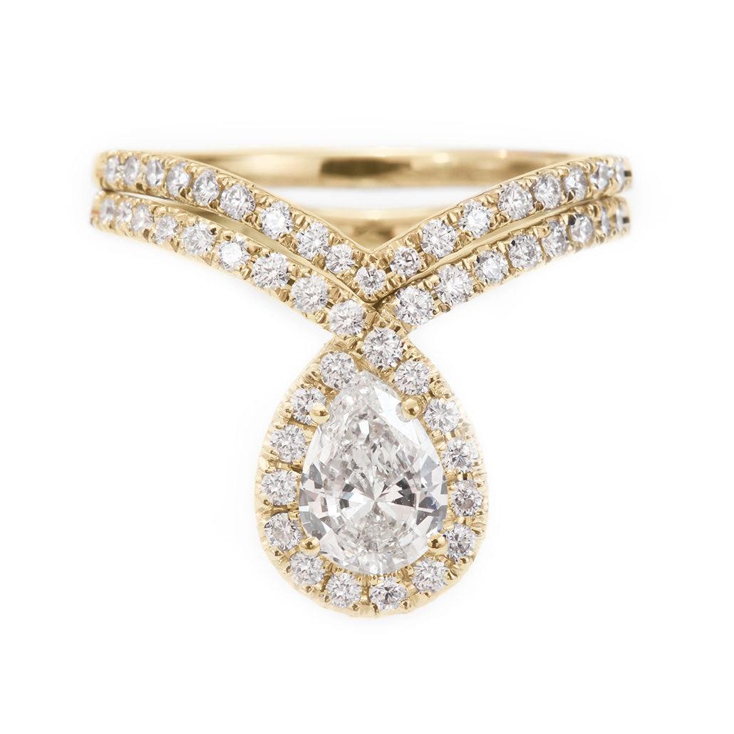 Pear Cut Pear Moissanite diamond Halo Unique engagement Two rings set 