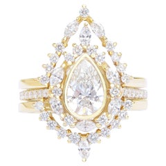 Ensemble de bague de fiançailles à trois anneaux en moissanite poire, halo de diamants unique - Eva