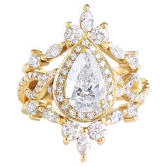 Pear Moissanite with Diamond Halo Twist Shank Wedding Three Ring Set, "Iceland"